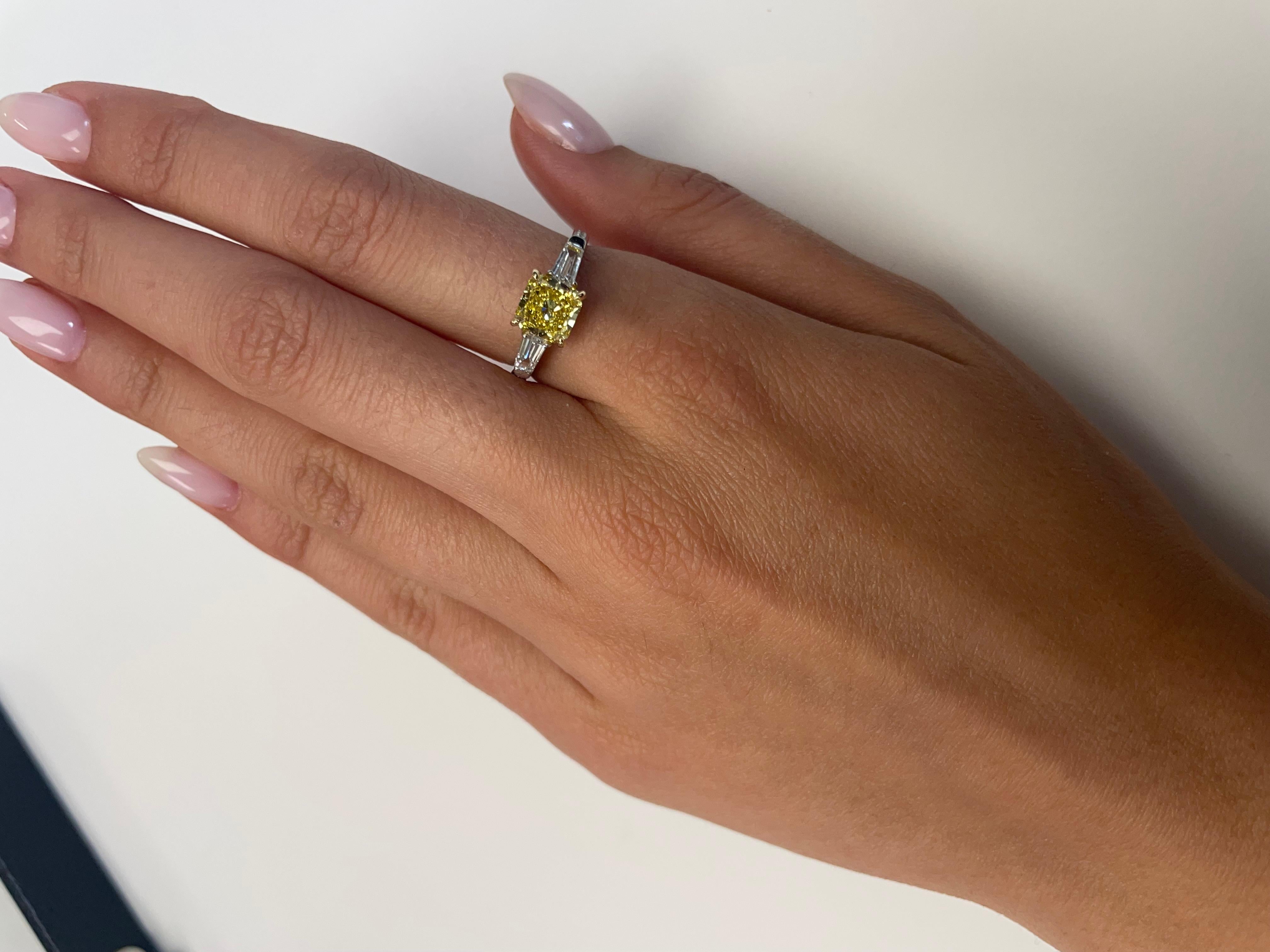 Women's 1.15 Carat Fancy Vivid Yellow Diamond Three-Stone Engagement Ring, GIA Report For Sale