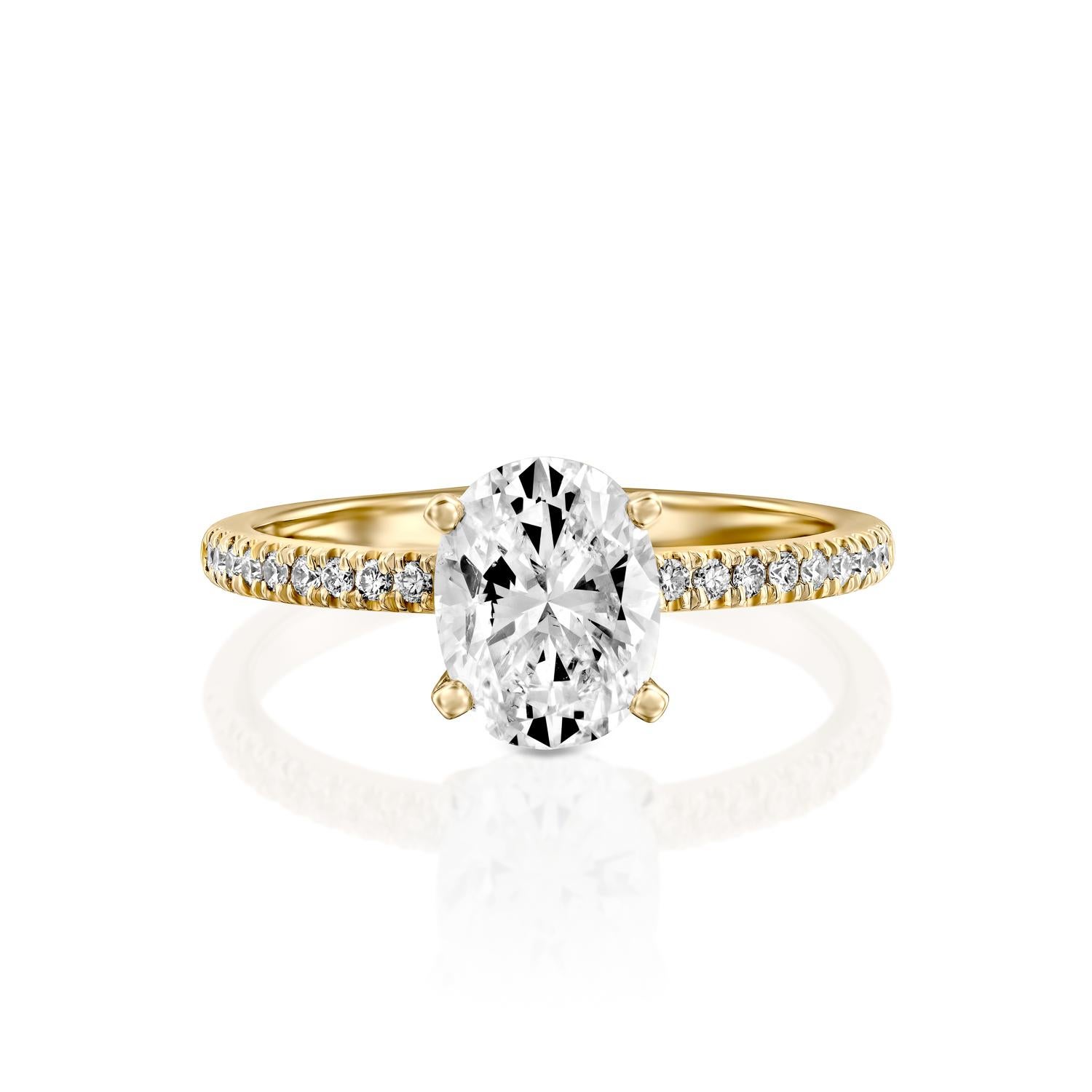 Exquisitely hand crafted ring features a solitaire GIA certified diamond. Ring features a 1 carat oval cut 100% eye clean natural diamond of F-G color and VS2-SI1 clarity and it is accented by diamonds of approx. 0.15 total carat weight. Set in a