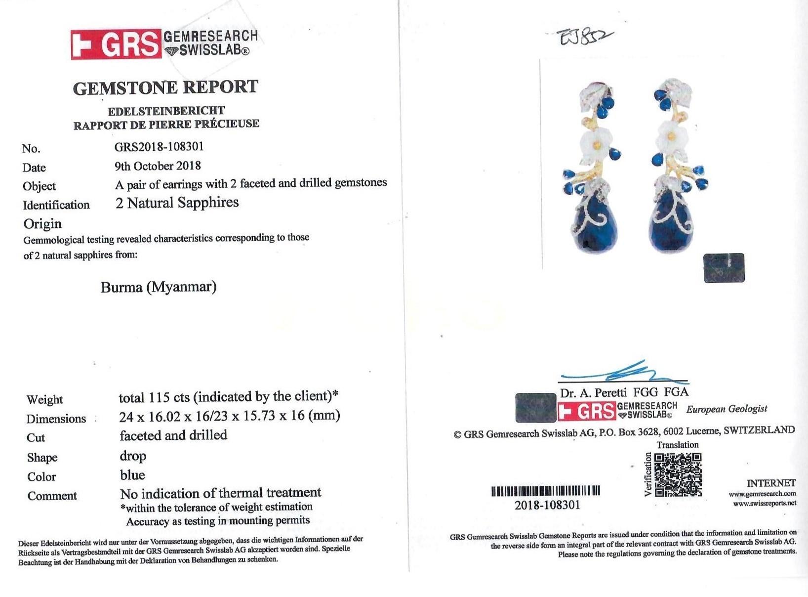 115 Carat GRS Certified Unheated Burmese Sapphire Drops and Diamond Earrings 3