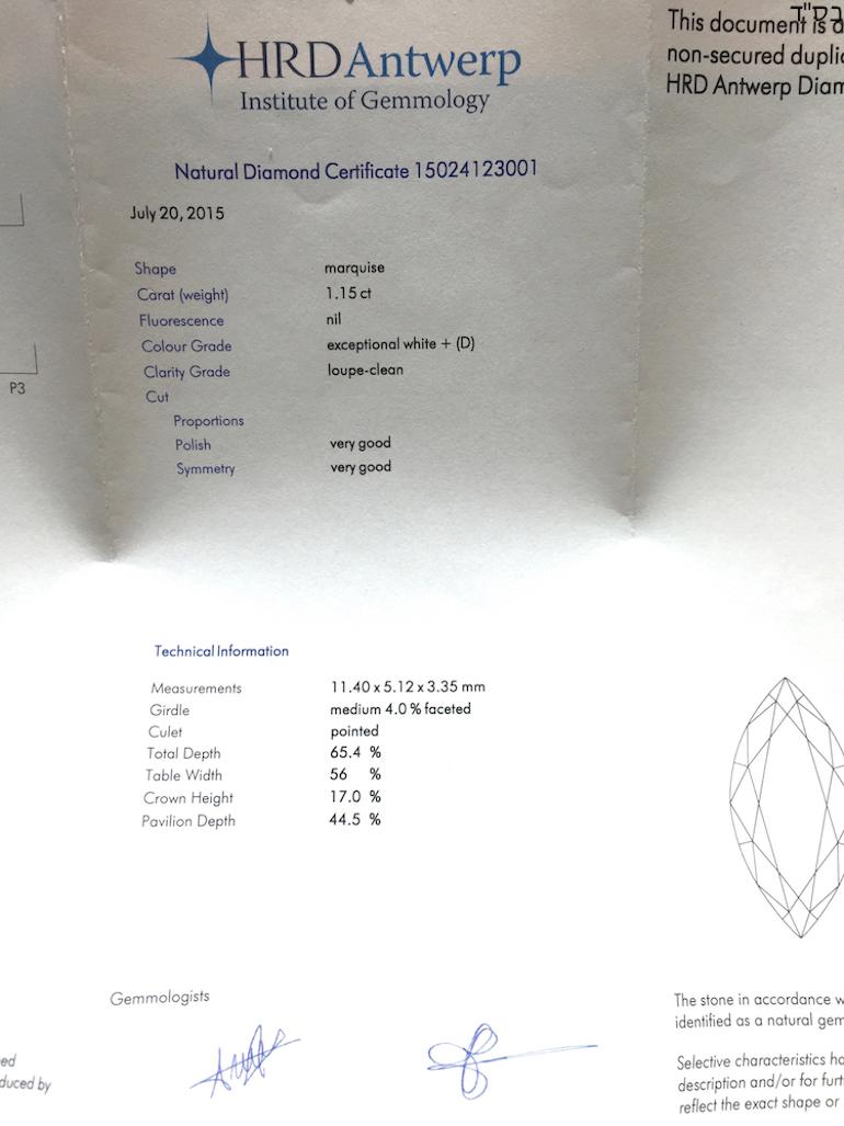 Marquise Cut 1.15 Carat HRD Certificate White Marquise Diamond For Sale