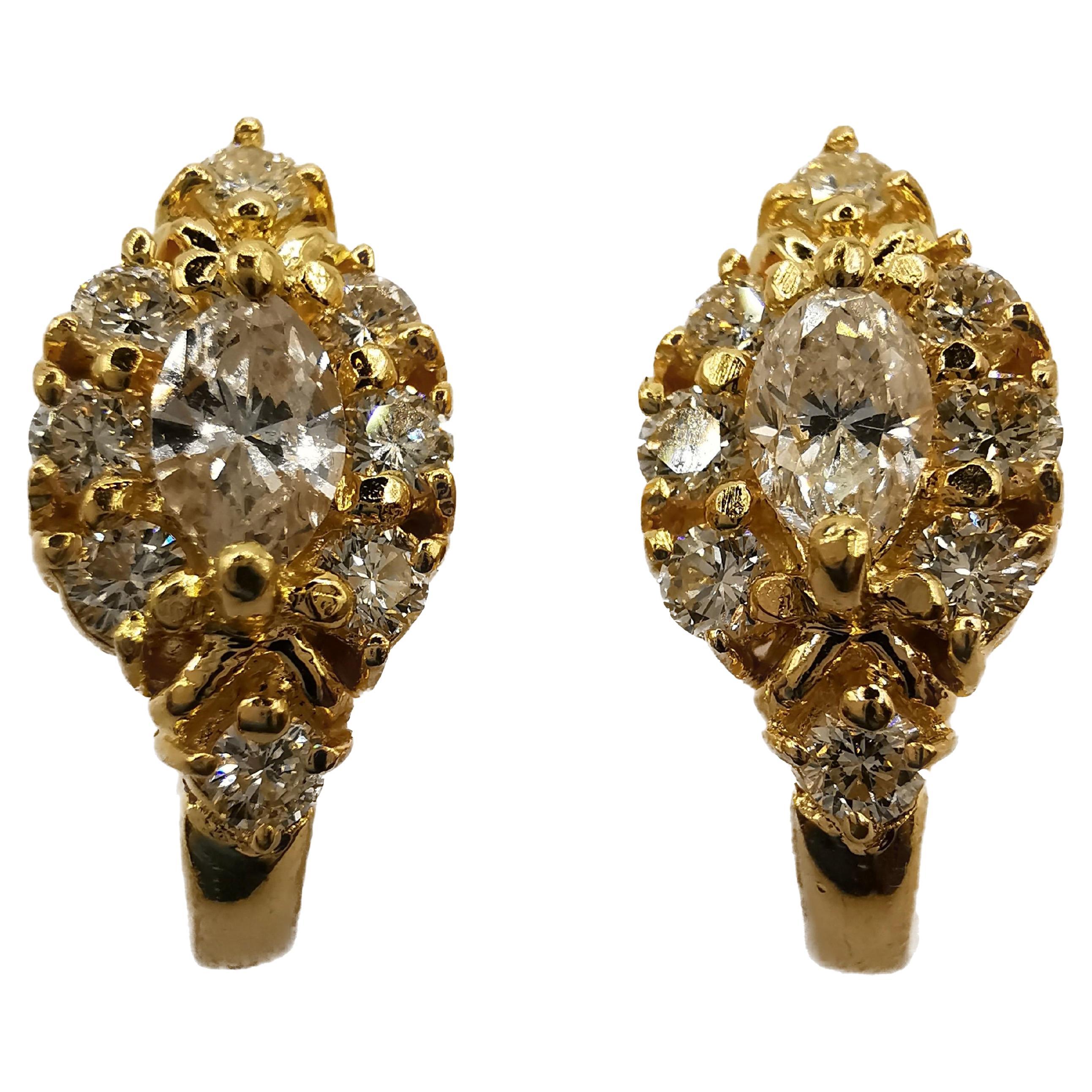 1.15 Carat Marquise Diamond Earrings in Yellow Gold For Sale