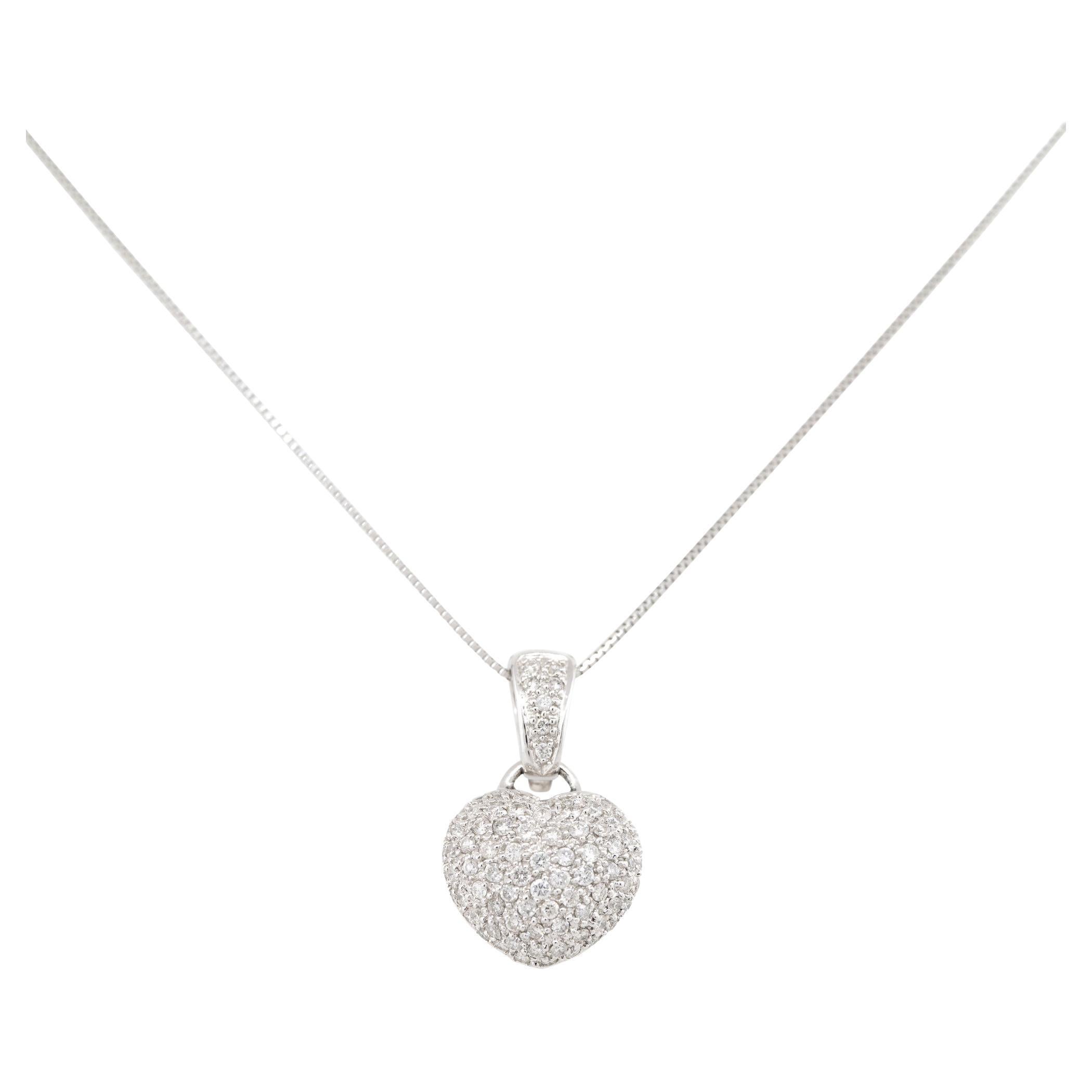 1.15 Carat Mini Pave Diamond Puffed Heart Necklace 18 Karat in Stock For Sale
