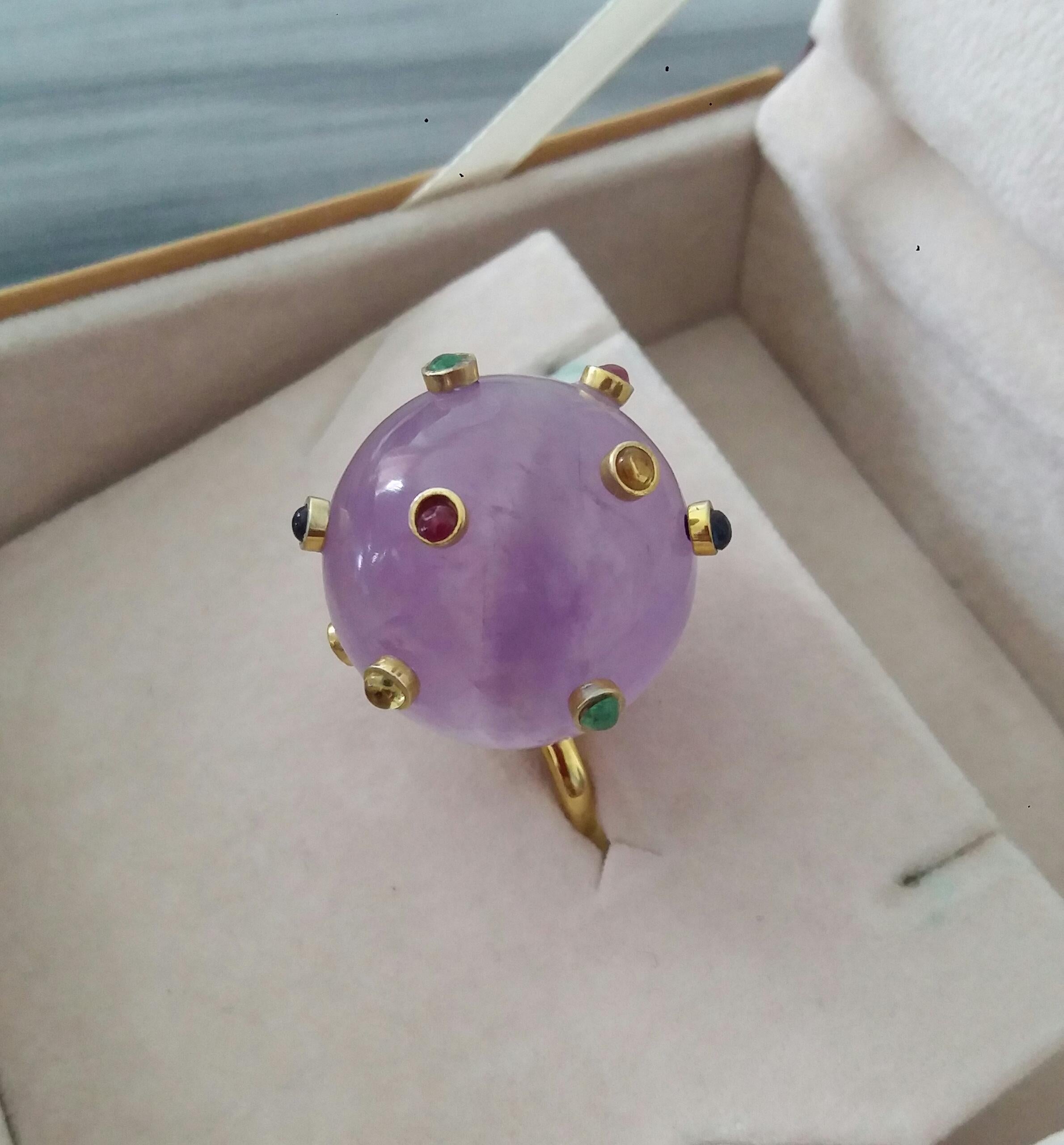 Bague en or 14 carats, boule d'améthyste naturelle de 115 carats, rubis, émeraude, saphir jaune et cabas en vente 6