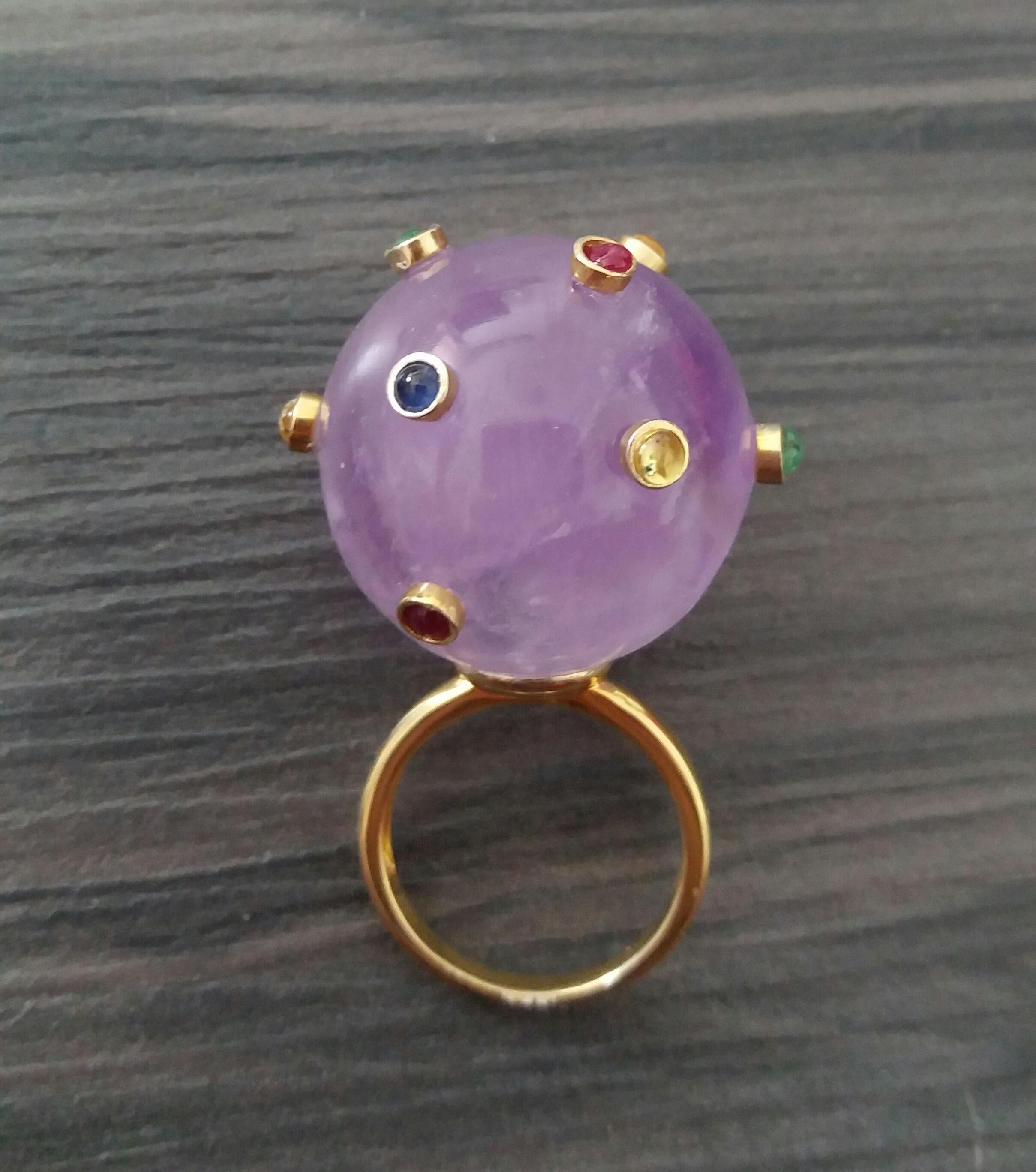 Round Cut 115 Carat Natural Amethyst Ball Ruby Emerald Yellow Sapphire Cabs 14K Gold Ring For Sale