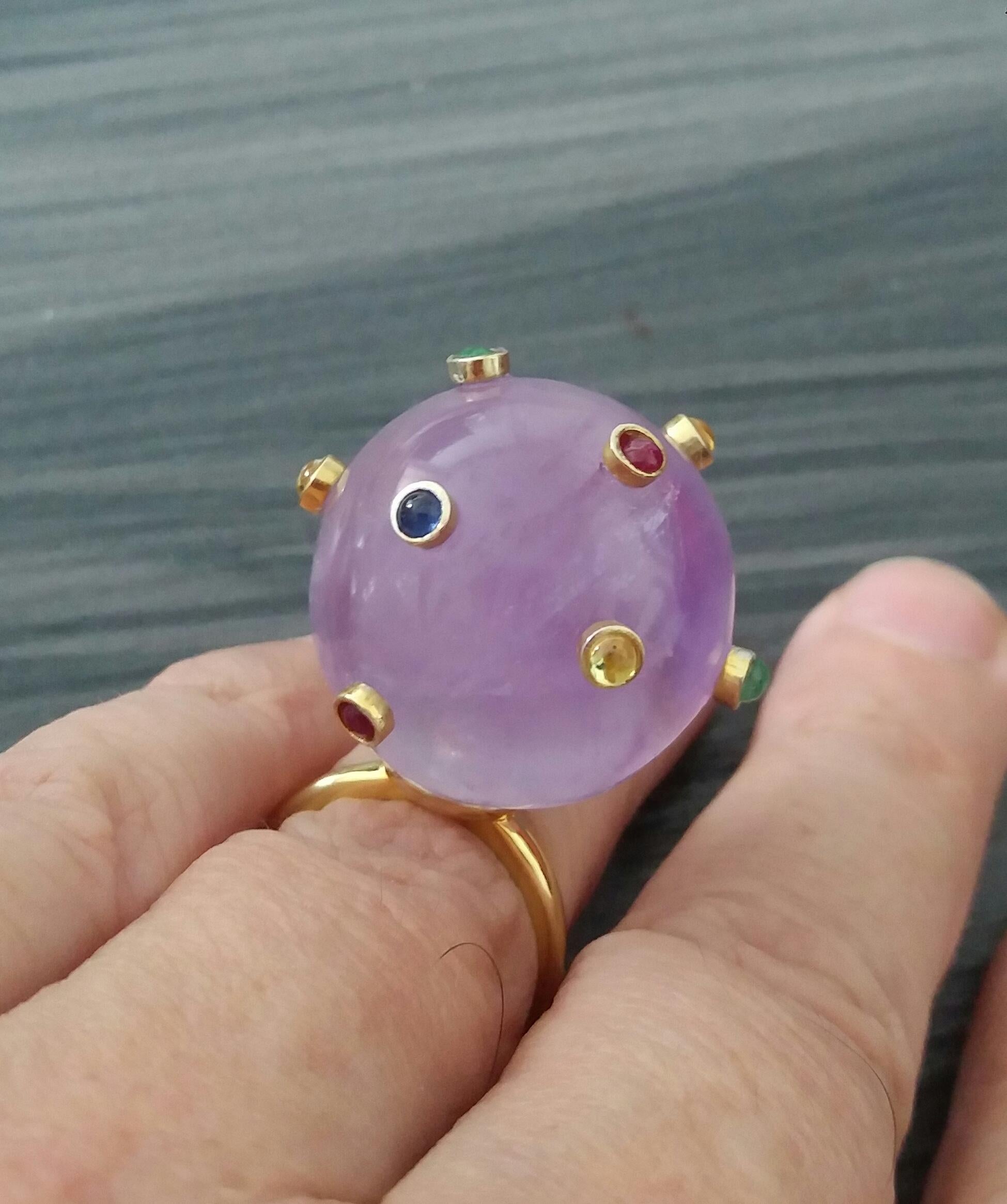 115 Carat Natural Amethyst Ball Ruby Emerald Yellow Sapphire Cabs 14K Gold Ring In Excellent Condition For Sale In Bangkok, TH