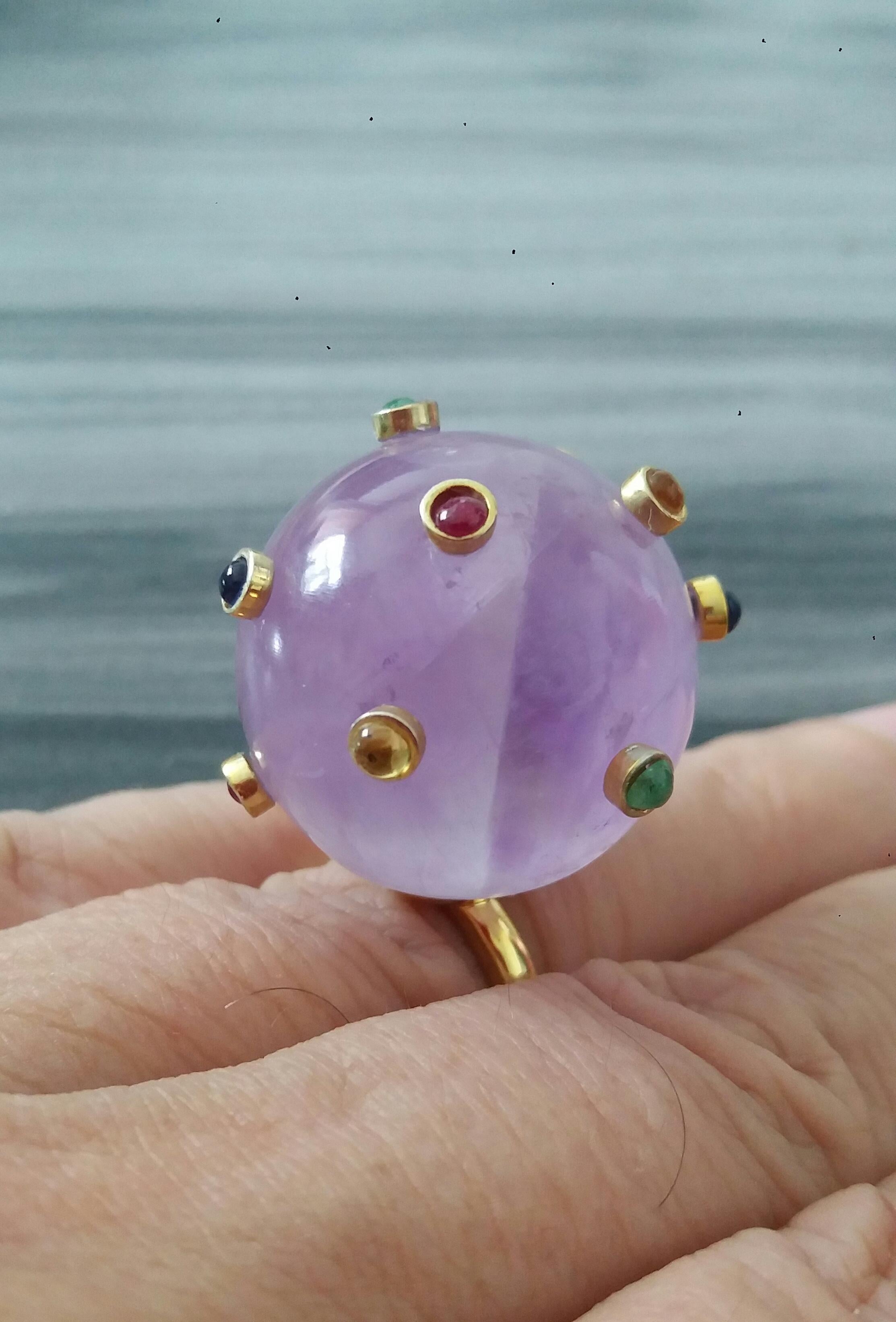 Women's 115 Carat Natural Amethyst Ball Ruby Emerald Yellow Sapphire Cabs 14K Gold Ring For Sale