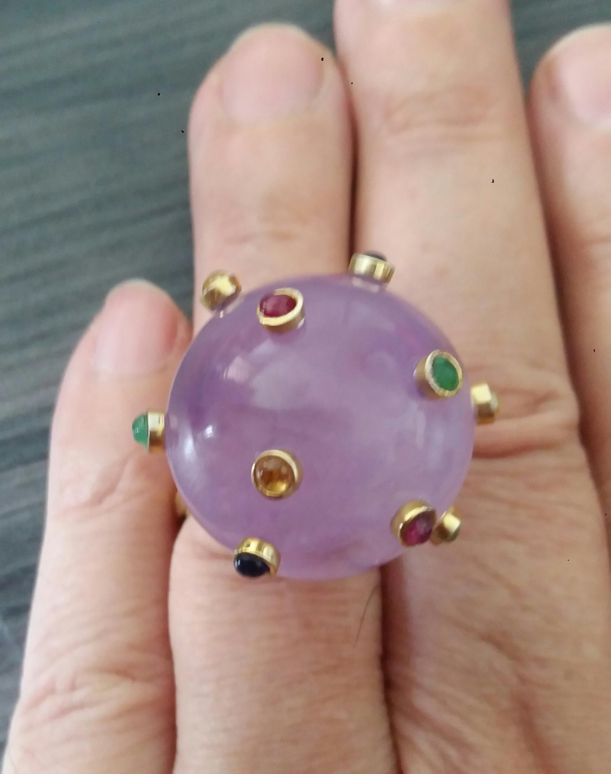 115 Carat Natural Amethyst Ball Ruby Emerald Yellow Sapphire Cabs 14K Gold Ring For Sale 2