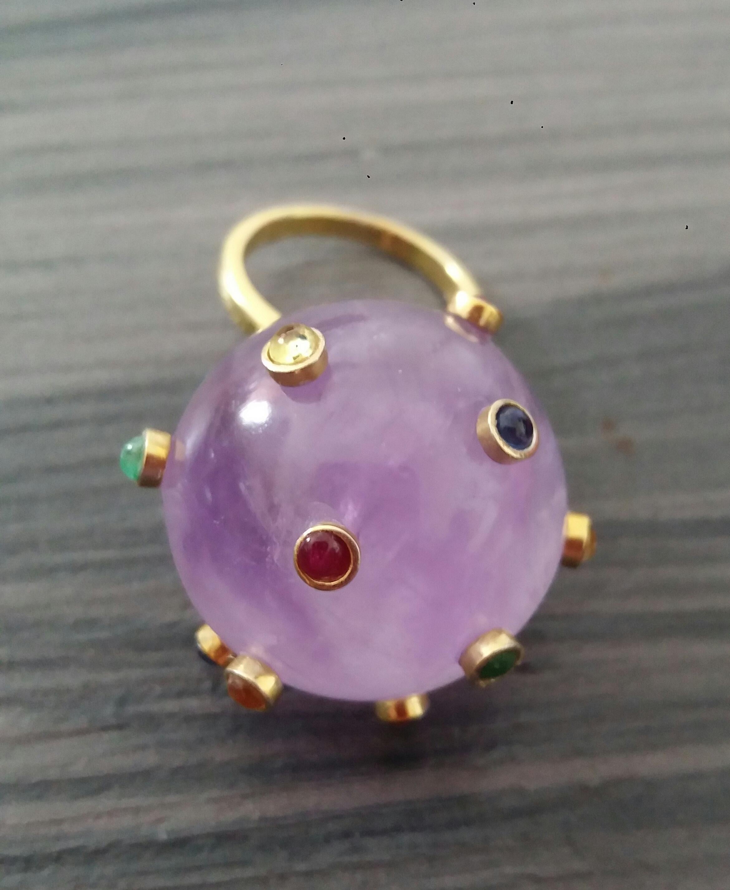 Bague en or 14 carats, boule d'améthyste naturelle de 115 carats, rubis, émeraude, saphir jaune et cabas en vente 3