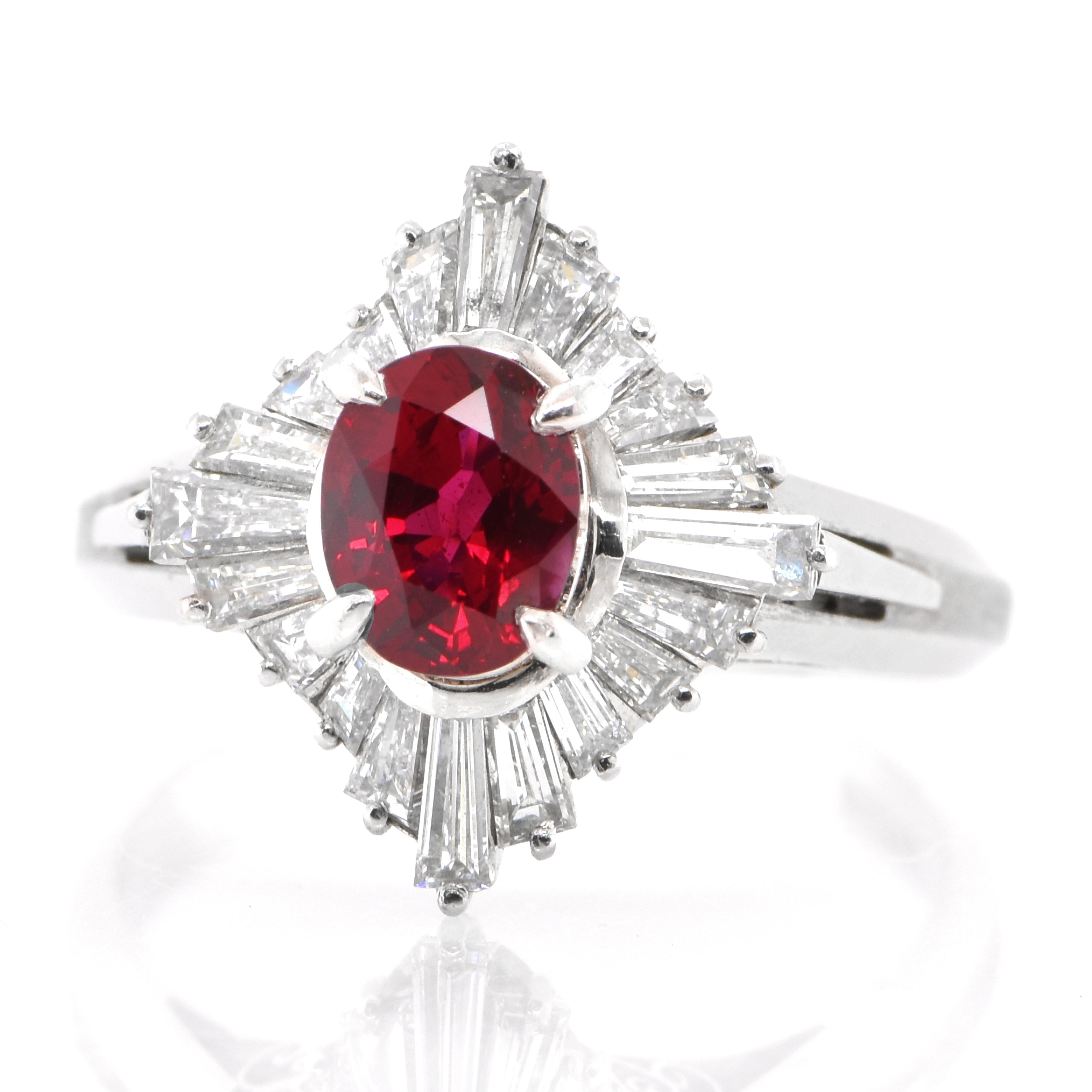 A beautiful ring set in Platinum featuring a 1.15 Carat Natural Ruby and 1.05 Carat Diamonds. Rubies are referred to as 