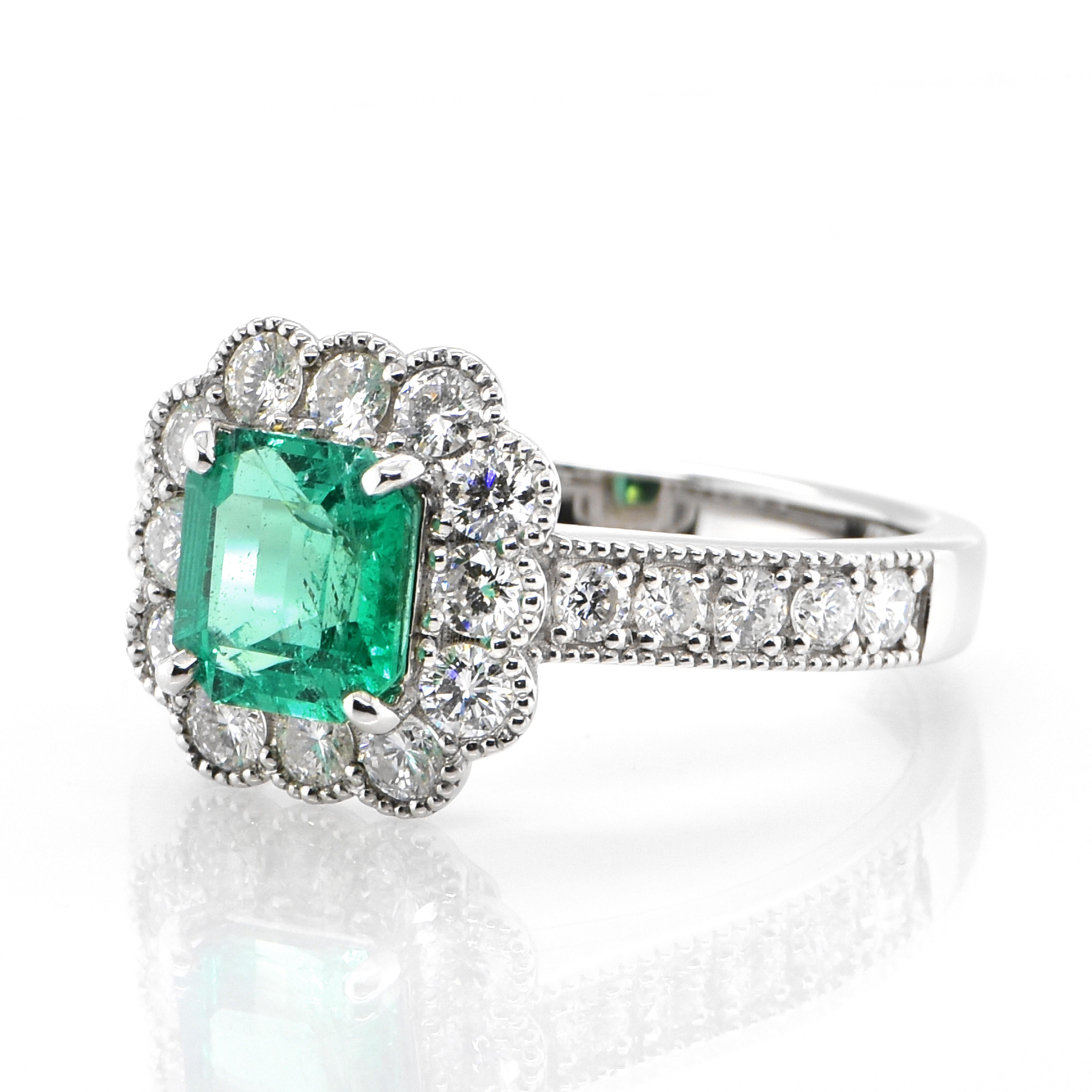A stunning ring featuring a 1.15 Carat Natural Emerald and 0.81 Carats of Diamond Accents set in Platinum. People have admired emerald’s green for thousands of years. Emeralds have always been associated with the lushest landscapes and the richest