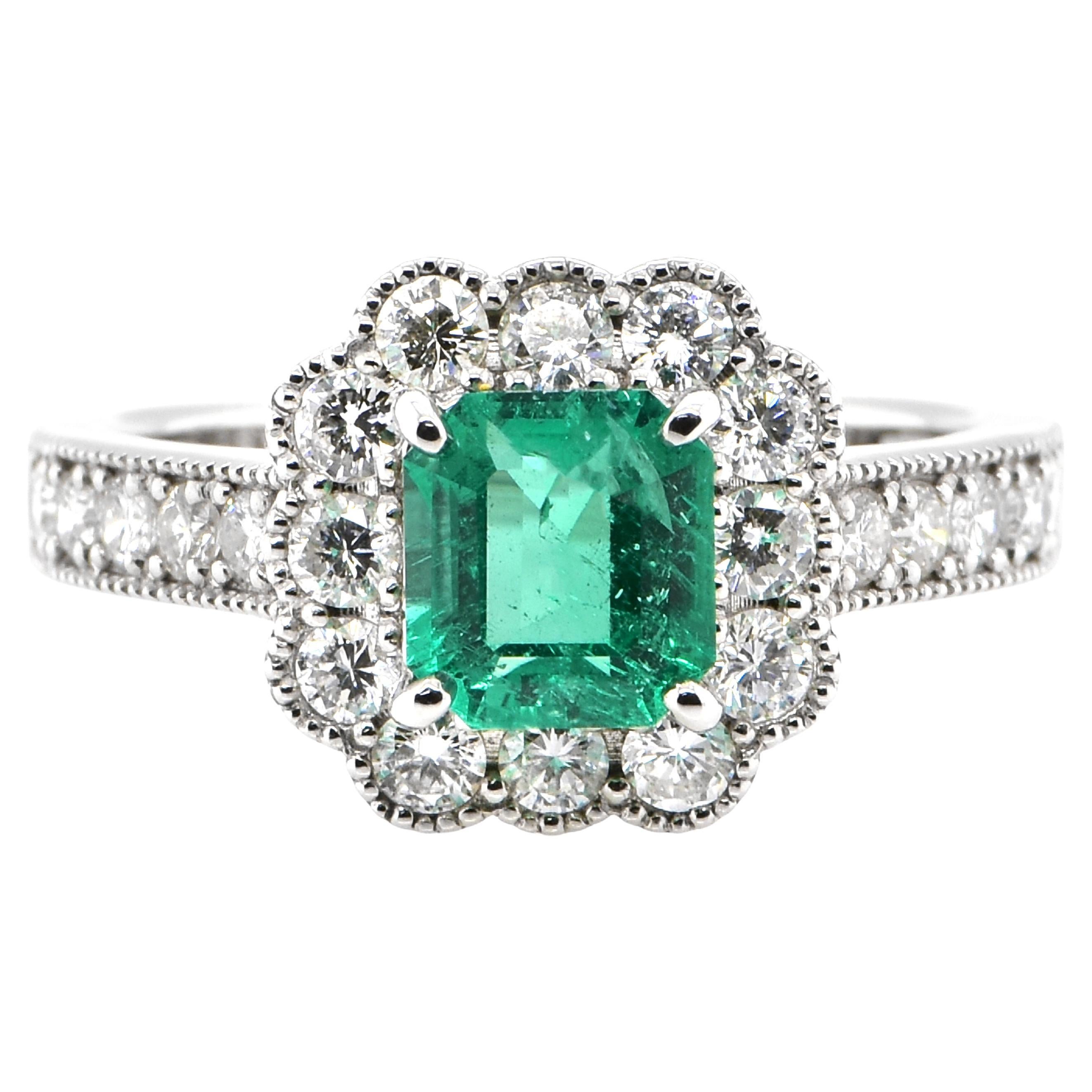 1.15 Carat Natural Colombian Emerald and Diamond Ring Set in Platinum For Sale