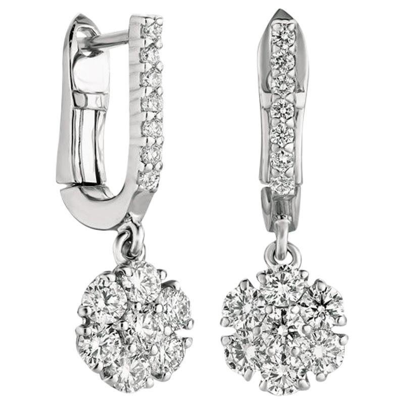 1.15 Carat Natural Diamond Flower Drop Earrings G SI 14 Karat White Gold For Sale