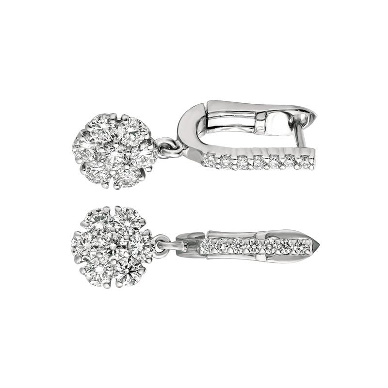 Contemporary 1.15 Carat Natural Diamond Flower Drop Earrings G SI 14 Karat White Gold For Sale