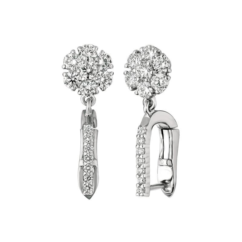 Taille ronde Boucles d'oreilles en goutte en or blanc 14 carats avec fleur en diamants naturels de 1,15 carat G SI en vente