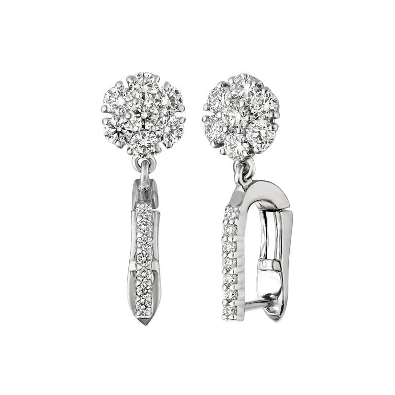 Round Cut 1.15 Carat Natural Diamond Flower Drop Earrings G SI 14 Karat White Gold For Sale