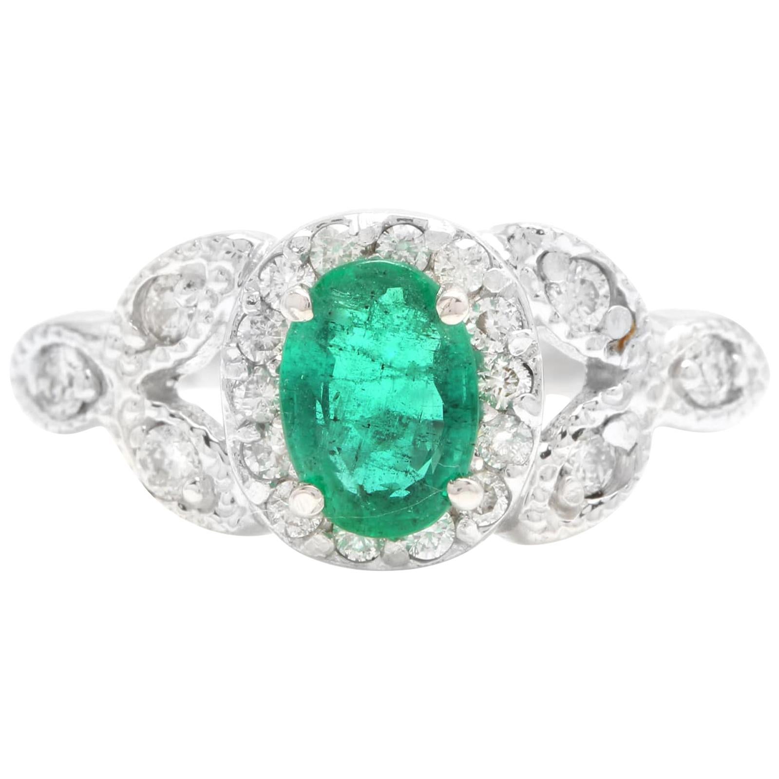 1.15 Carat Natural Emerald and Diamond 14 Karat Solid White Gold Ring For Sale