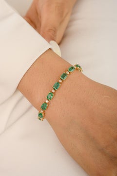 11,5 Karat natürliches Smaragd-Diamant-Hochzeits-Tennisarmband aus 14K Gelbgold