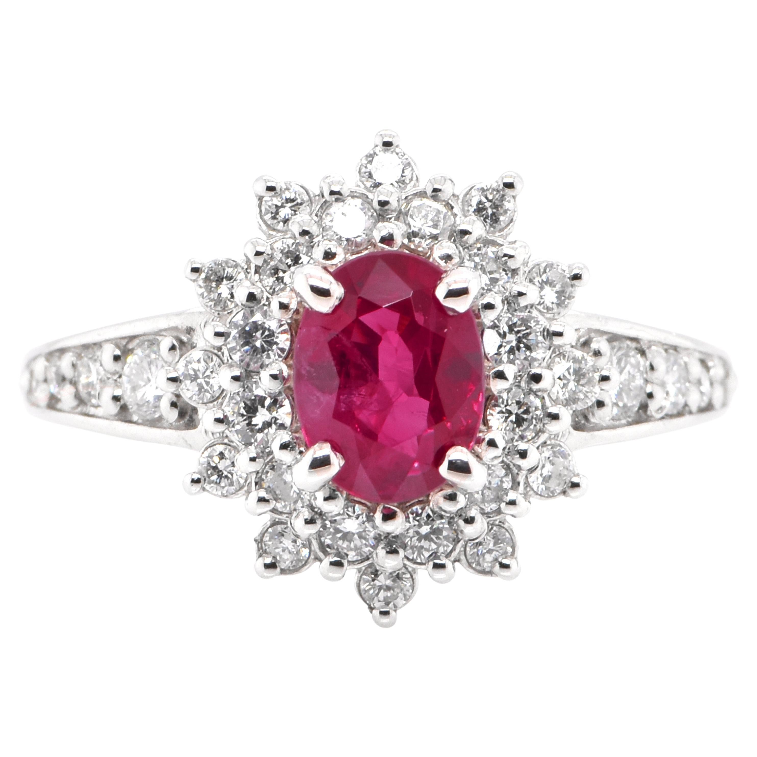 1.15 Carat Natural Ruby and Diamond Double Halo Ring Set in Platinum For Sale