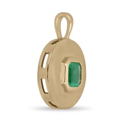 1.15 Carat Natural Solitaire Asscher Cut Emerald Bezel Set Round Pendant 14K