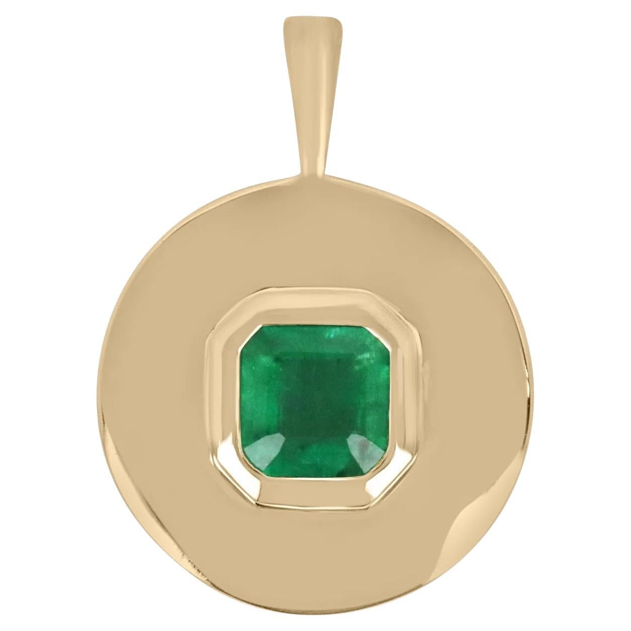 1.15 Carat Natural Solitaire Asscher Cut Emerald Bezel Set Round Pendant 14K