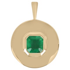 1.15 Carat Natural Solitaire Asscher Cut Emerald Bezel Set Round Pendant 14K