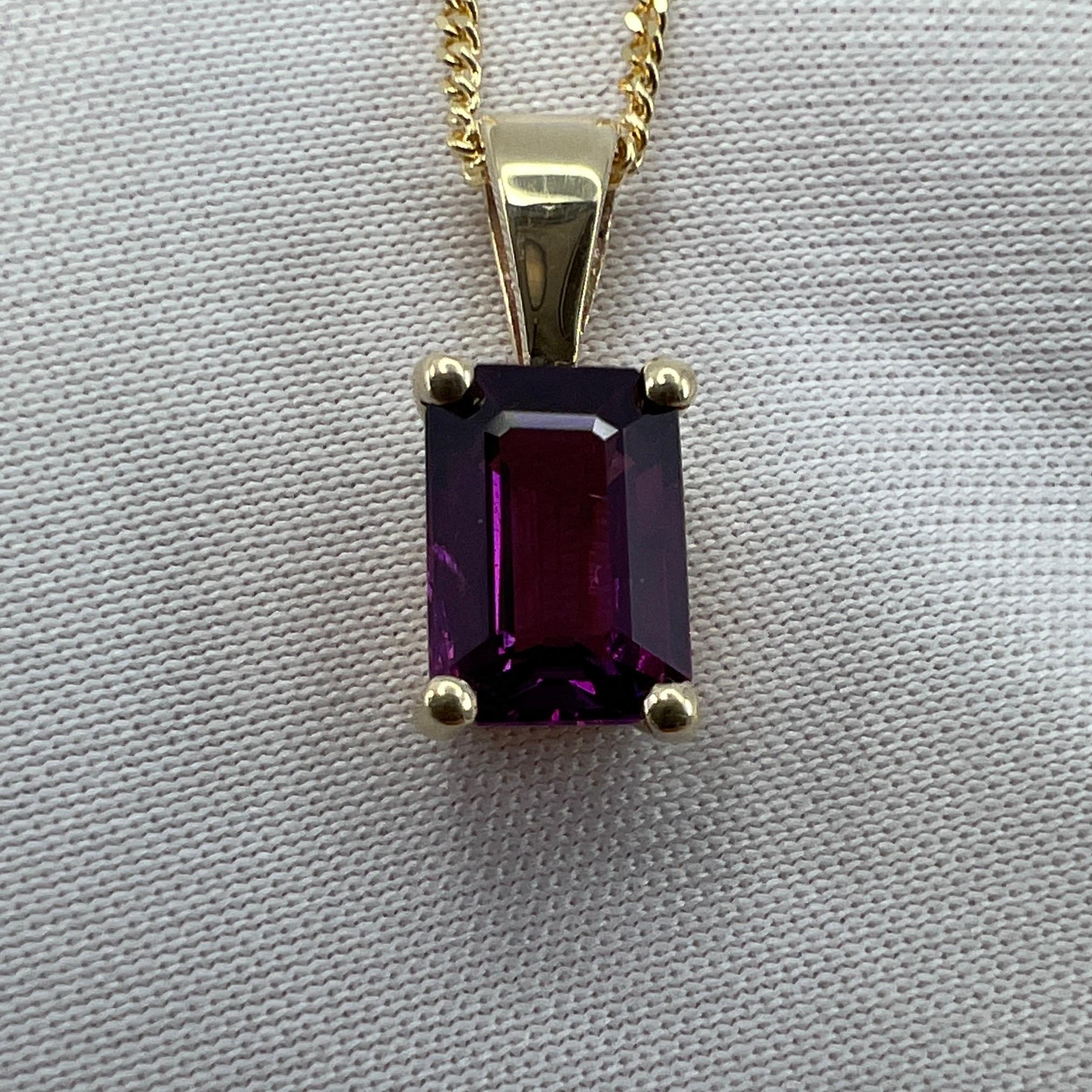1.15 Carat Neon Purple Rhodolite Garnet 18k Yellow Gold Emerald Cut Pendant For Sale 6
