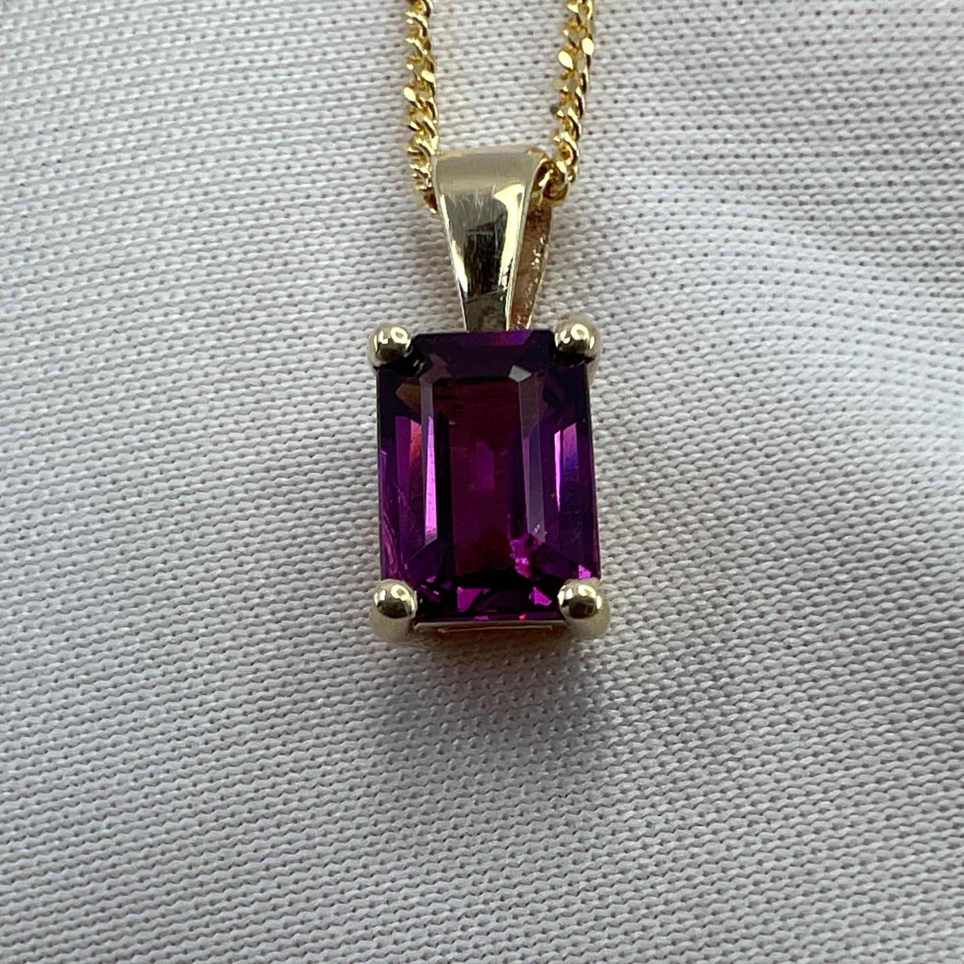 1.15 Carat Neon Purple Rhodolite Garnet 18k Yellow Gold Emerald Cut Pendant For Sale 7