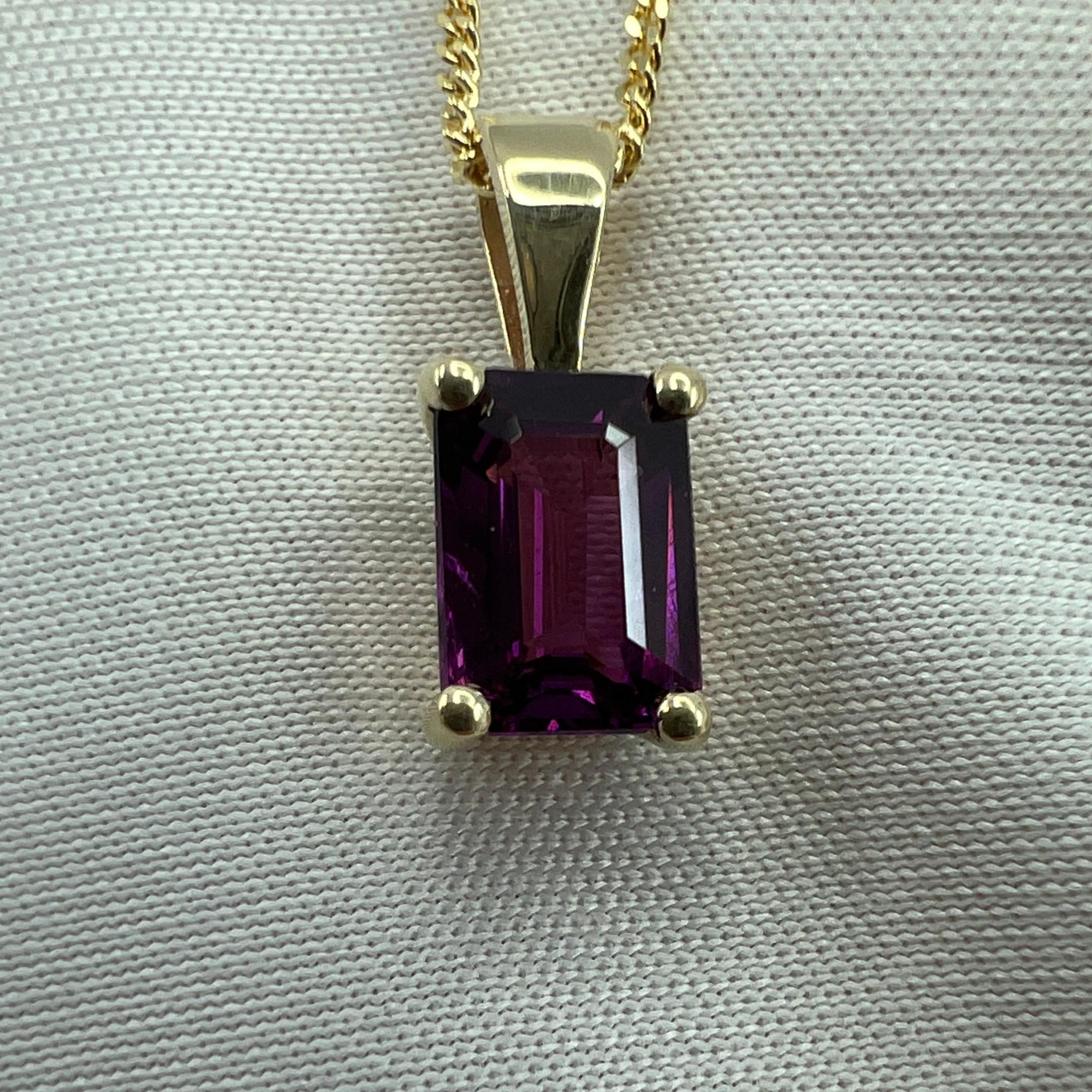 Women's or Men's 1.15 Carat Neon Purple Rhodolite Garnet 18k Yellow Gold Emerald Cut Pendant For Sale