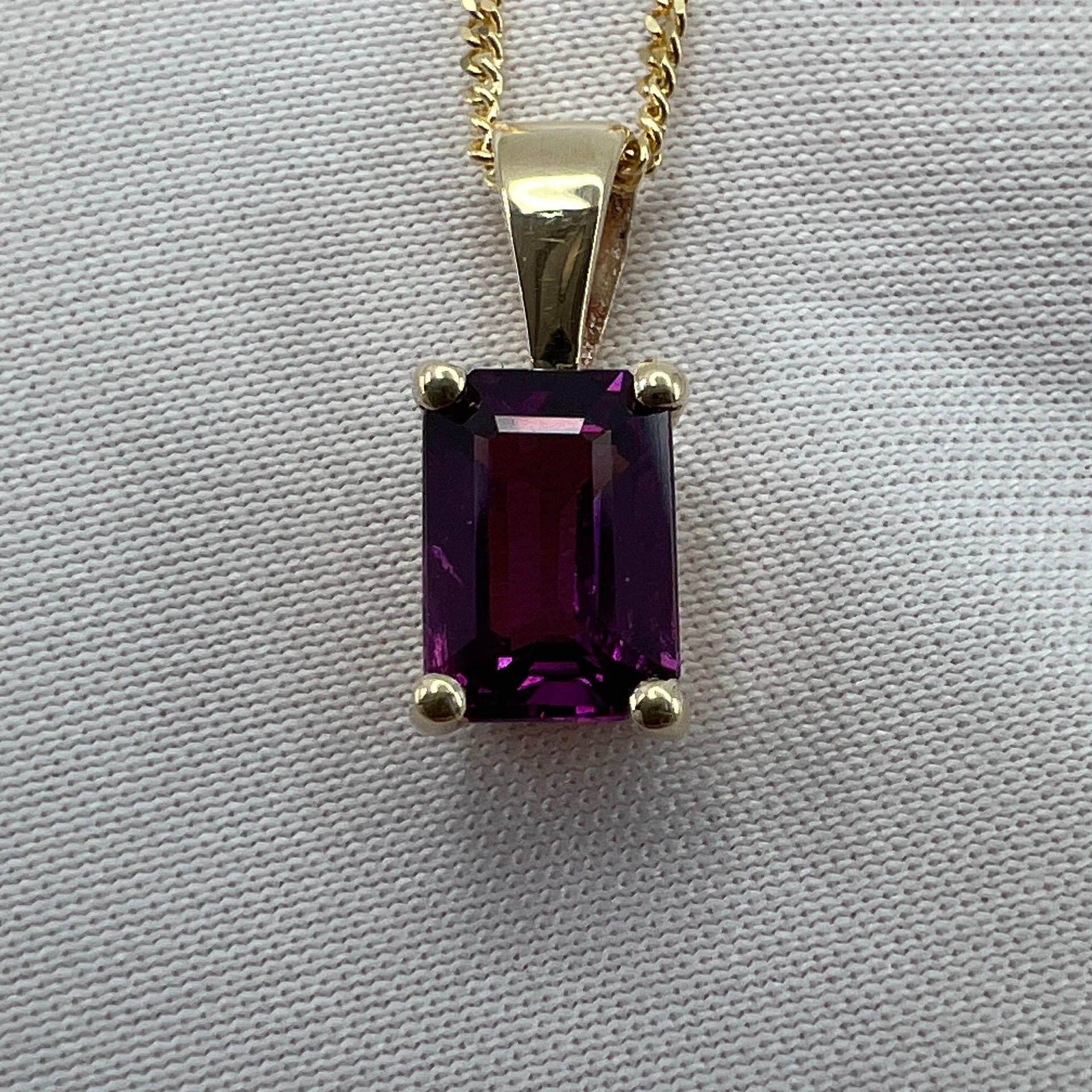 1.15 Carat Neon Purple Rhodolite Garnet 18k Yellow Gold Emerald Cut Pendant For Sale 1