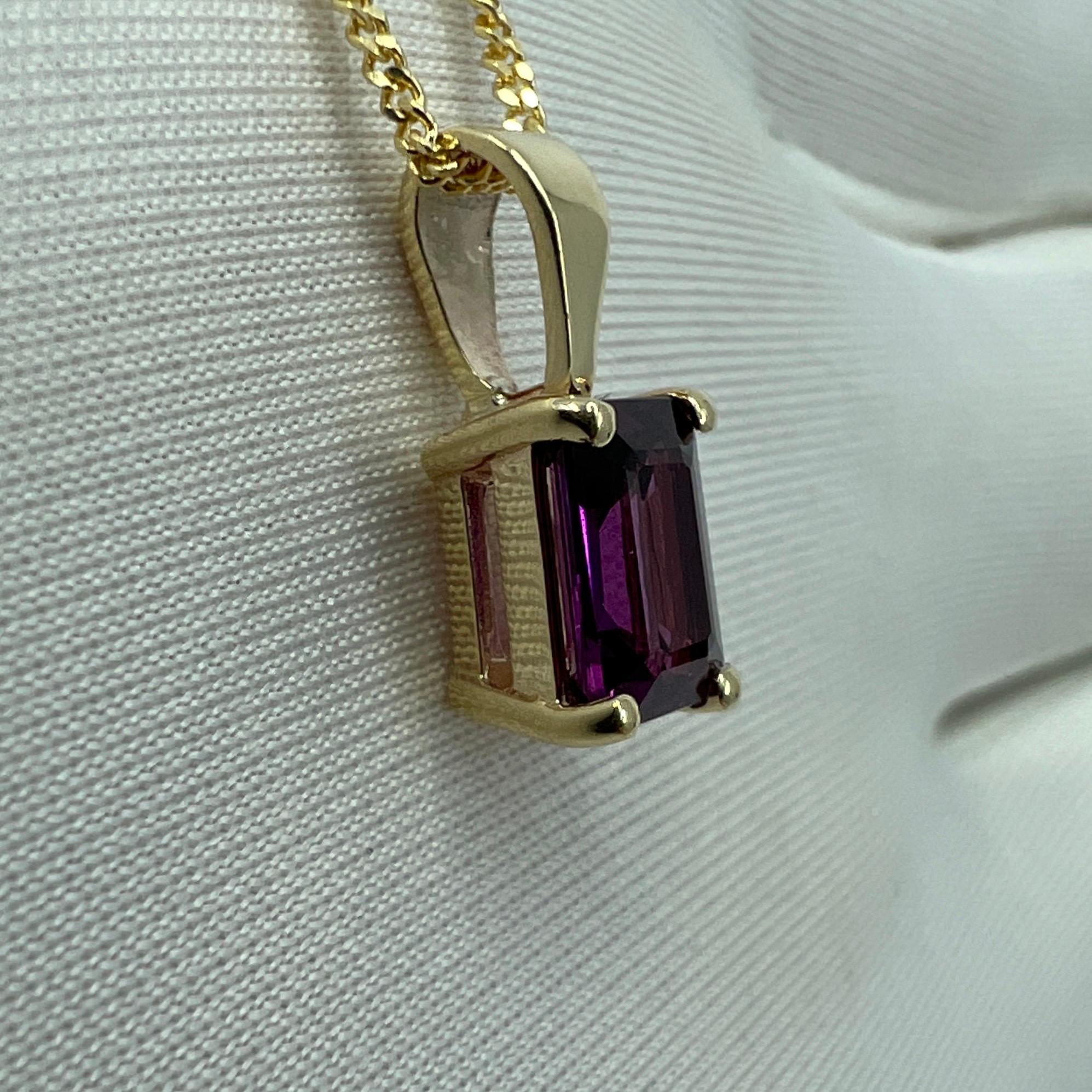 1.15 Carat Neon Purple Rhodolite Garnet 18k Yellow Gold Emerald Cut Pendant For Sale 2