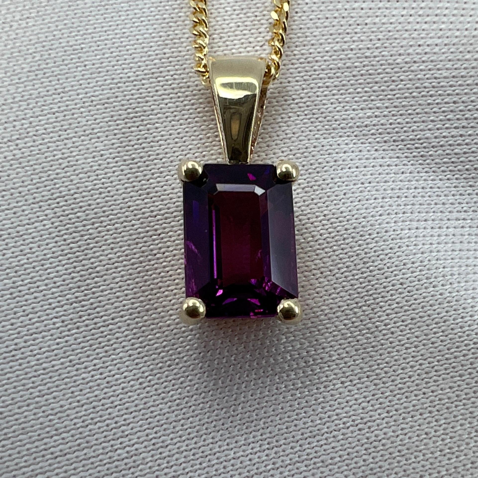 1.15 Carat Neon Purple Rhodolite Garnet 18k Yellow Gold Emerald Cut Pendant For Sale 3