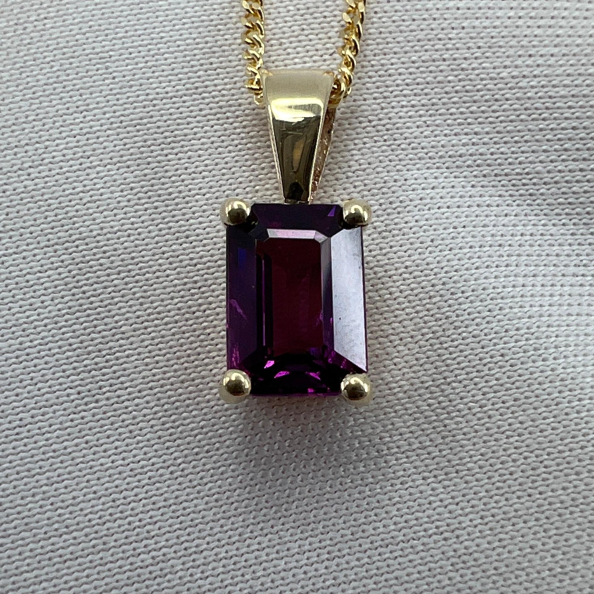 1.15 Carat Neon Purple Rhodolite Garnet 18k Yellow Gold Emerald Cut Pendant For Sale 4
