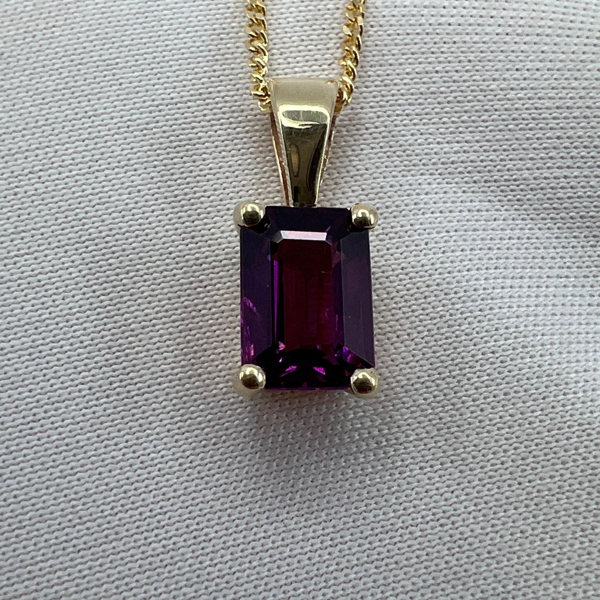 1.15 Carat Neon Purple Rhodolite Garnet 18k Yellow Gold Emerald Cut Pendant For Sale 5