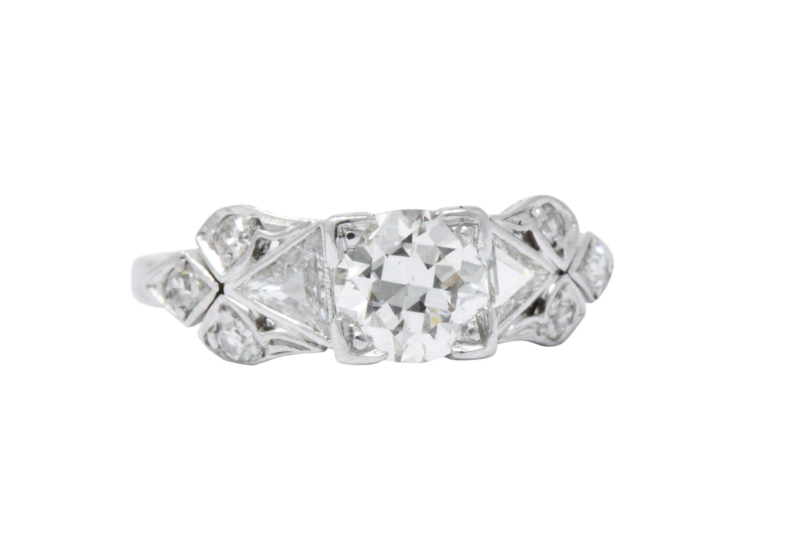 Old European Cut 1.15 Carat Old European and Triangle Diamond Platinum Art Deco Engagement Ring