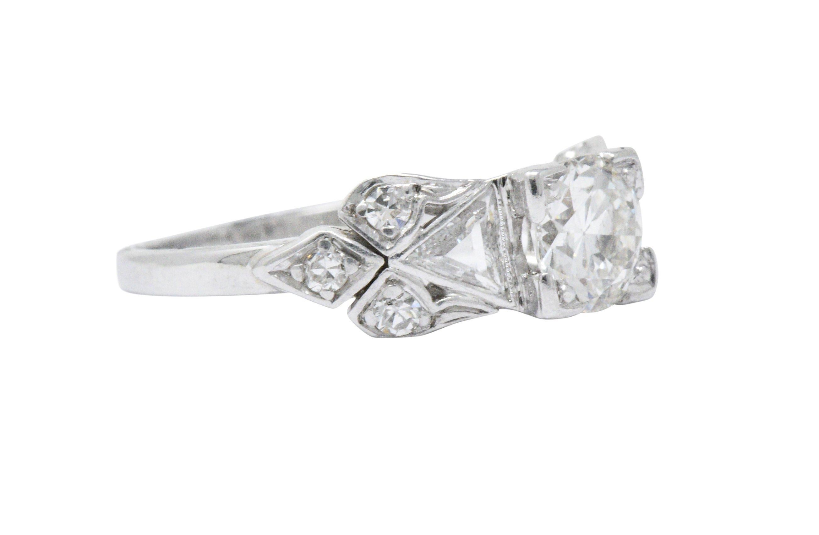 1.15 Carat Old European and Triangle Diamond Platinum Art Deco Engagement Ring In Good Condition In Philadelphia, PA