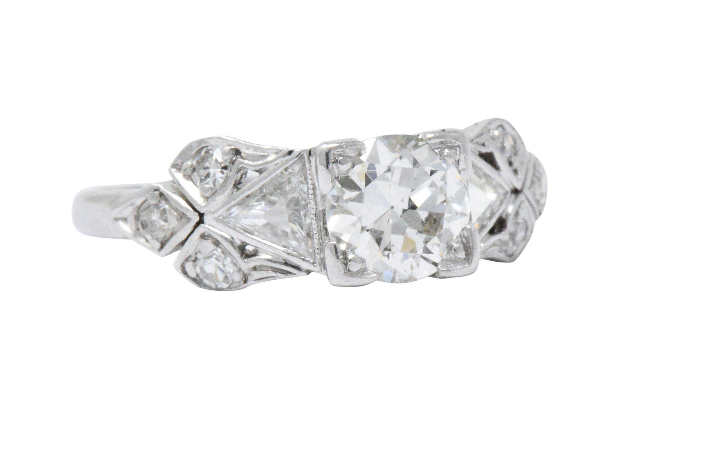 Women's or Men's 1.15 Carat Old European and Triangle Diamond Platinum Art Deco Engagement Ring
