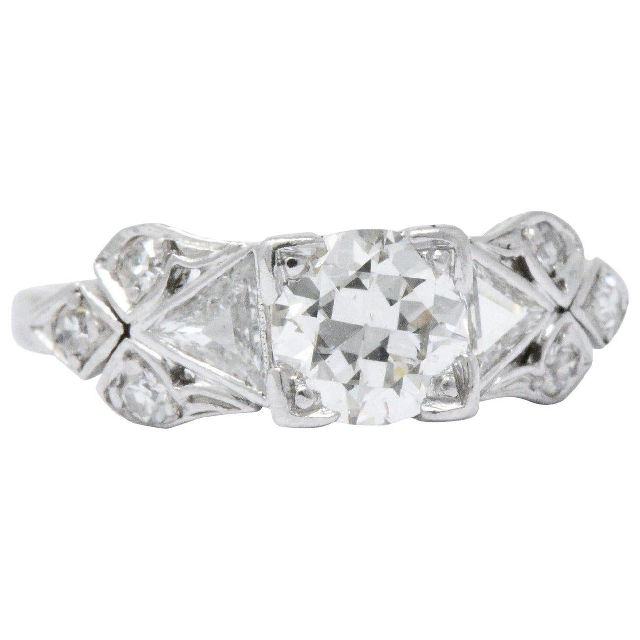 1.15 Carat Old European and Triangle Diamond Platinum Art Deco Engagement Ring