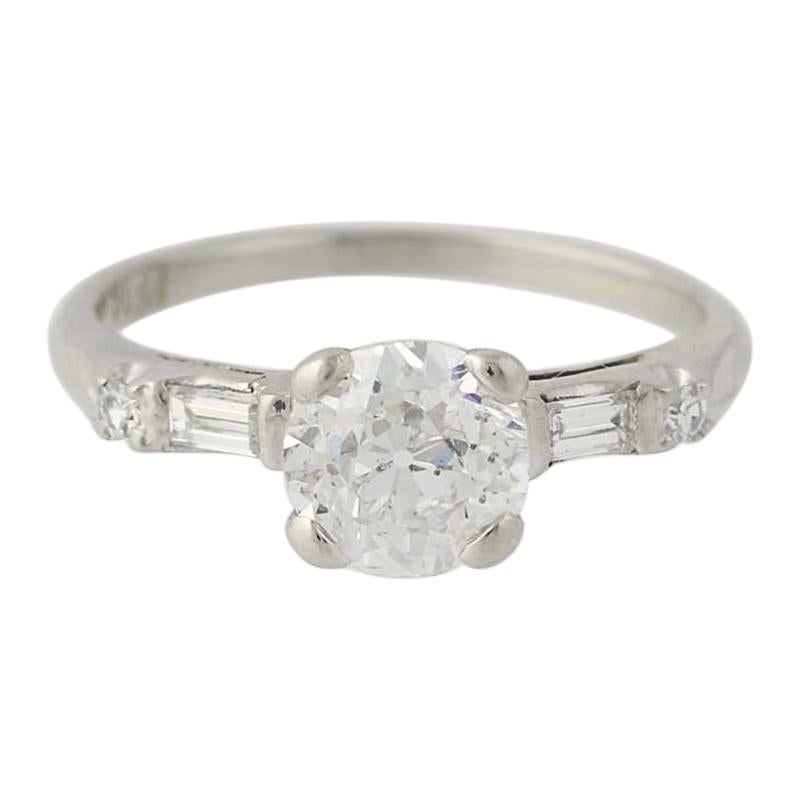 1.15 Carat Old European Cut Diamond Art Deco Engagement Ring, Platinum Vintage