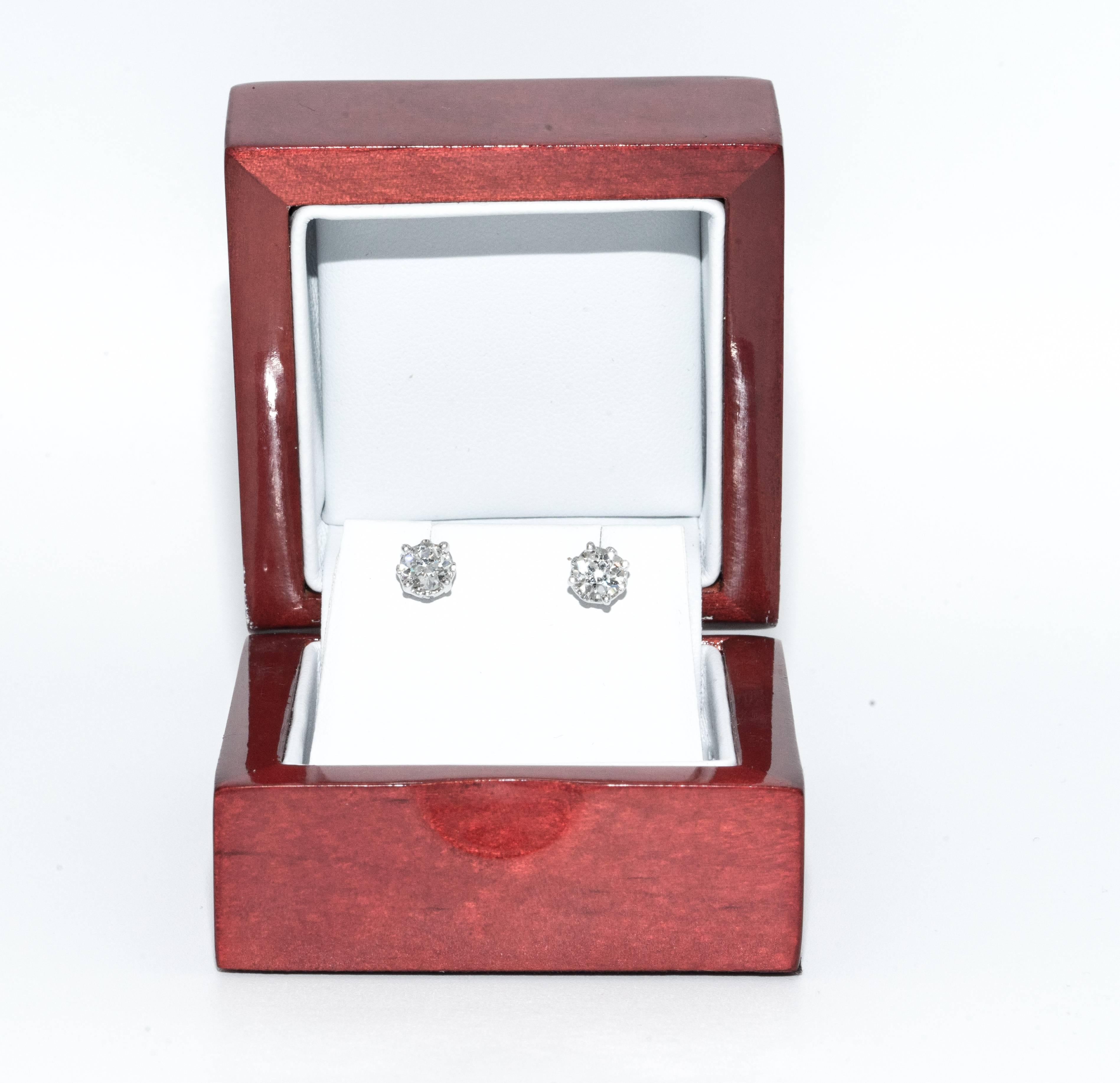 Women's or Men's 1.15 Carat Old European Cut Diamond Stud Earrings