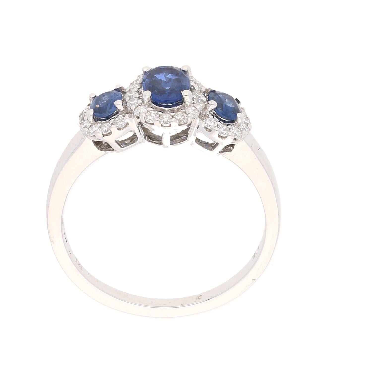 Art Deco 1.15 Carat Oval-Cut Blue Sapphire Diamond Accents 14K White Gold Bridal Ring For Sale