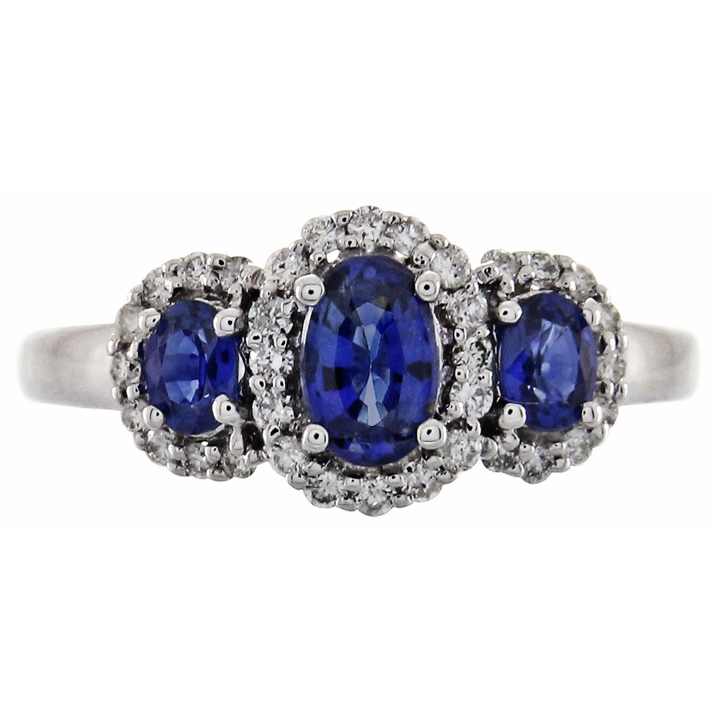 1.15 Carat Oval-Cut Blue Sapphire Diamond Accents 14K White Gold Bridal Ring In New Condition For Sale In New York, NY
