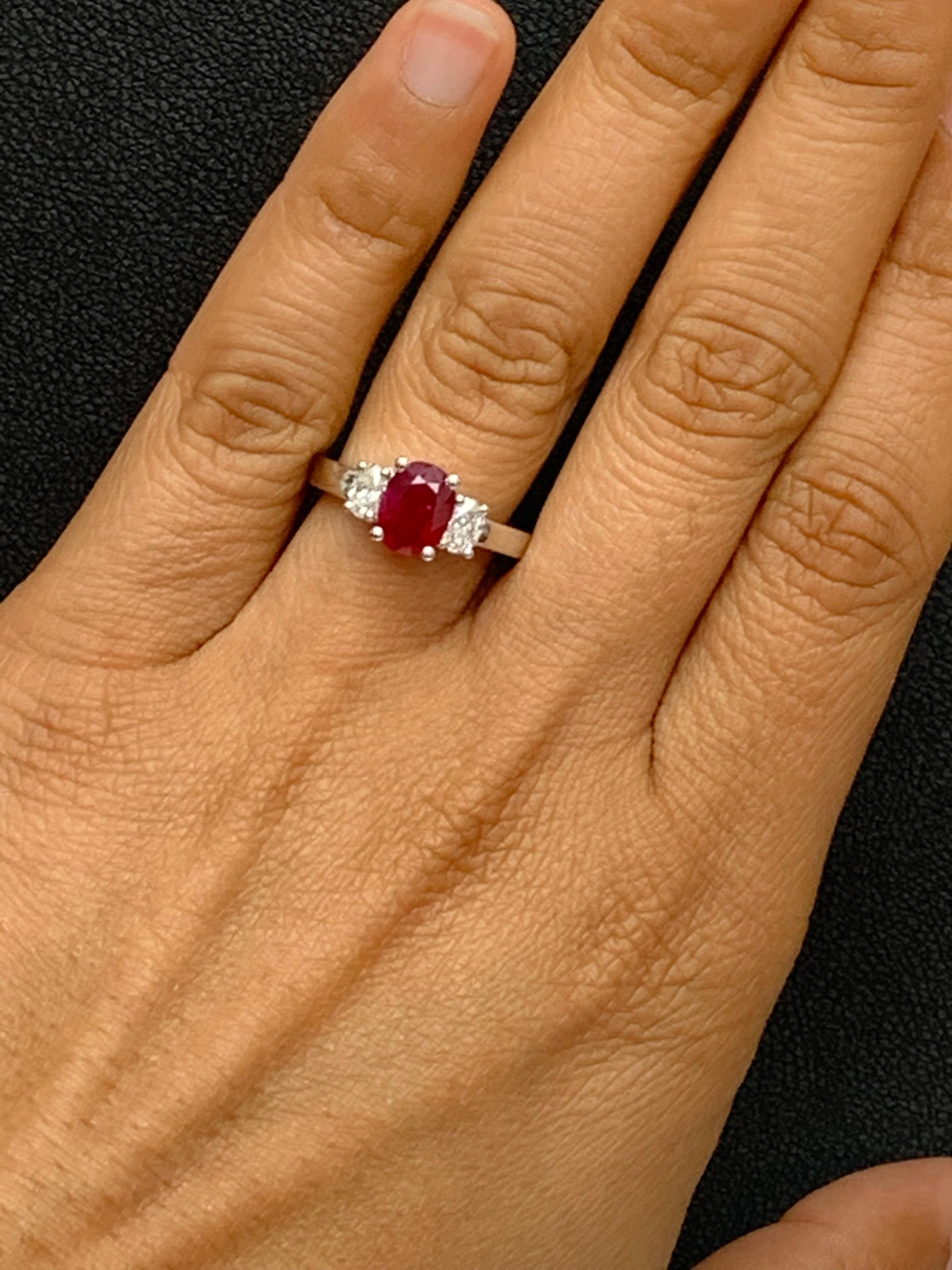 Modern 1.15 Carat Oval Cut Ruby & Diamond 3 Stone Engagement Ring in 18k White Gold For Sale