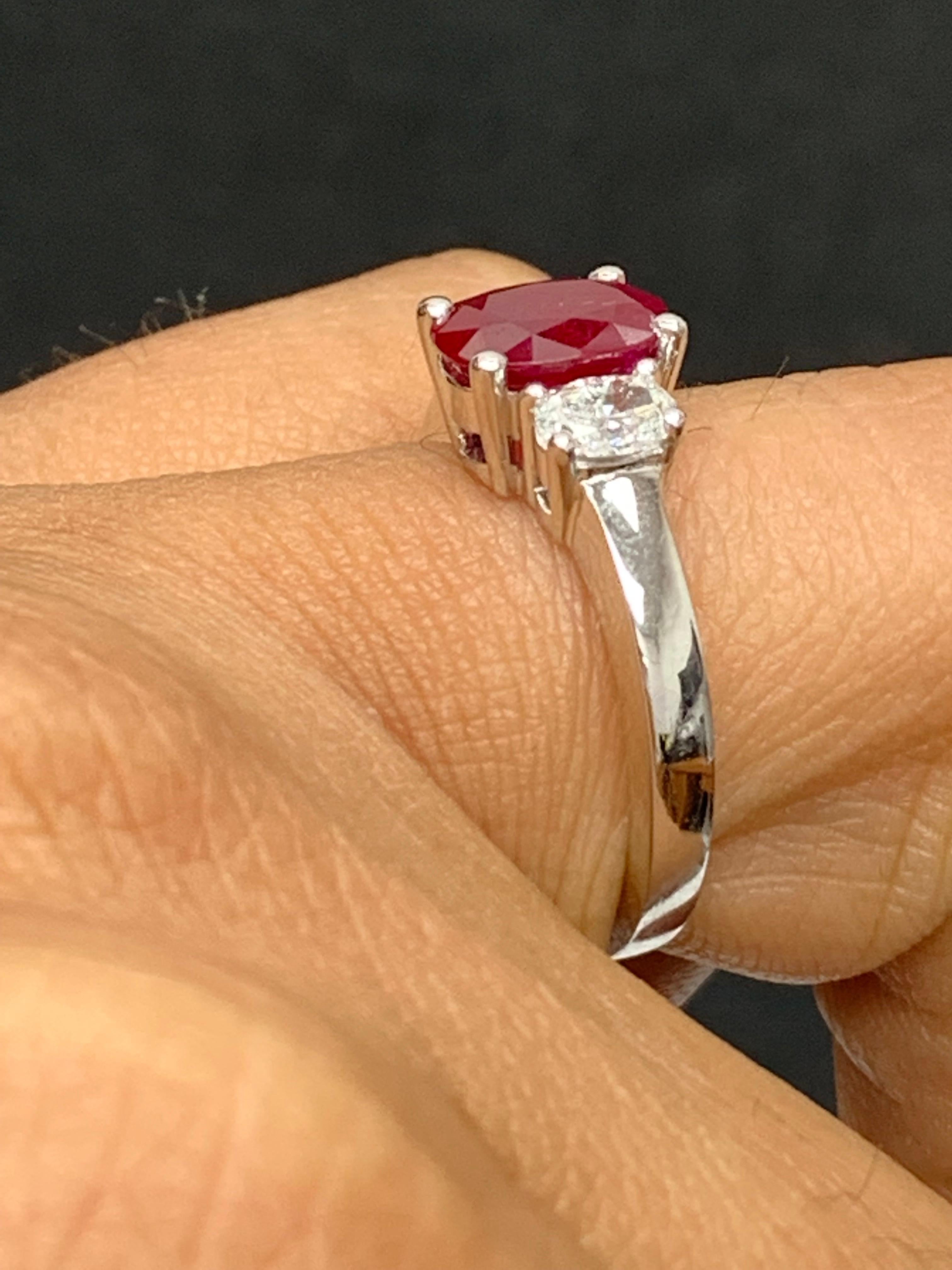 1.15 Carat Oval Cut Ruby & Diamond 3 Stone Engagement Ring in 18k White Gold In New Condition For Sale In NEW YORK, NY