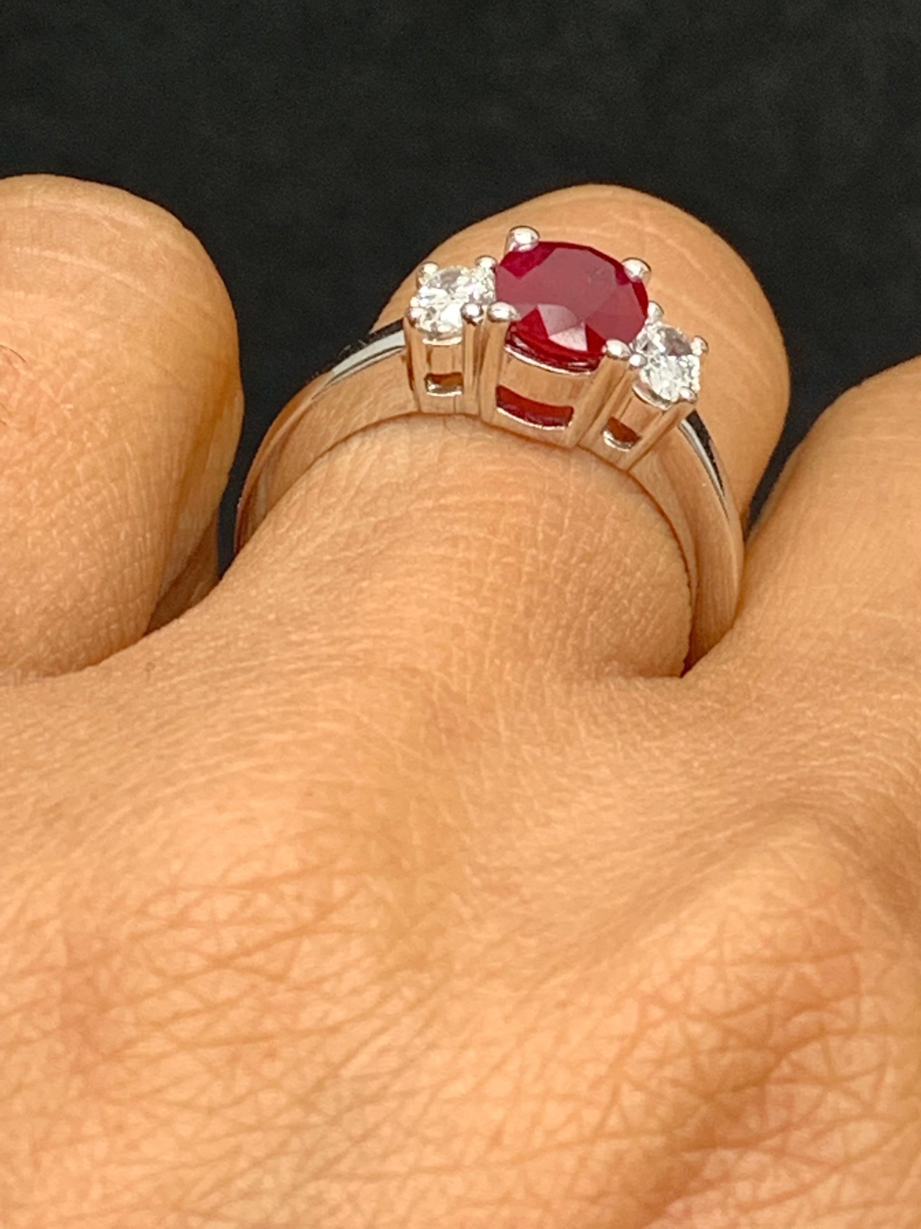 1.15 Carat Oval Cut Ruby & Diamond 3 Stone Engagement Ring in 18k White Gold For Sale 1