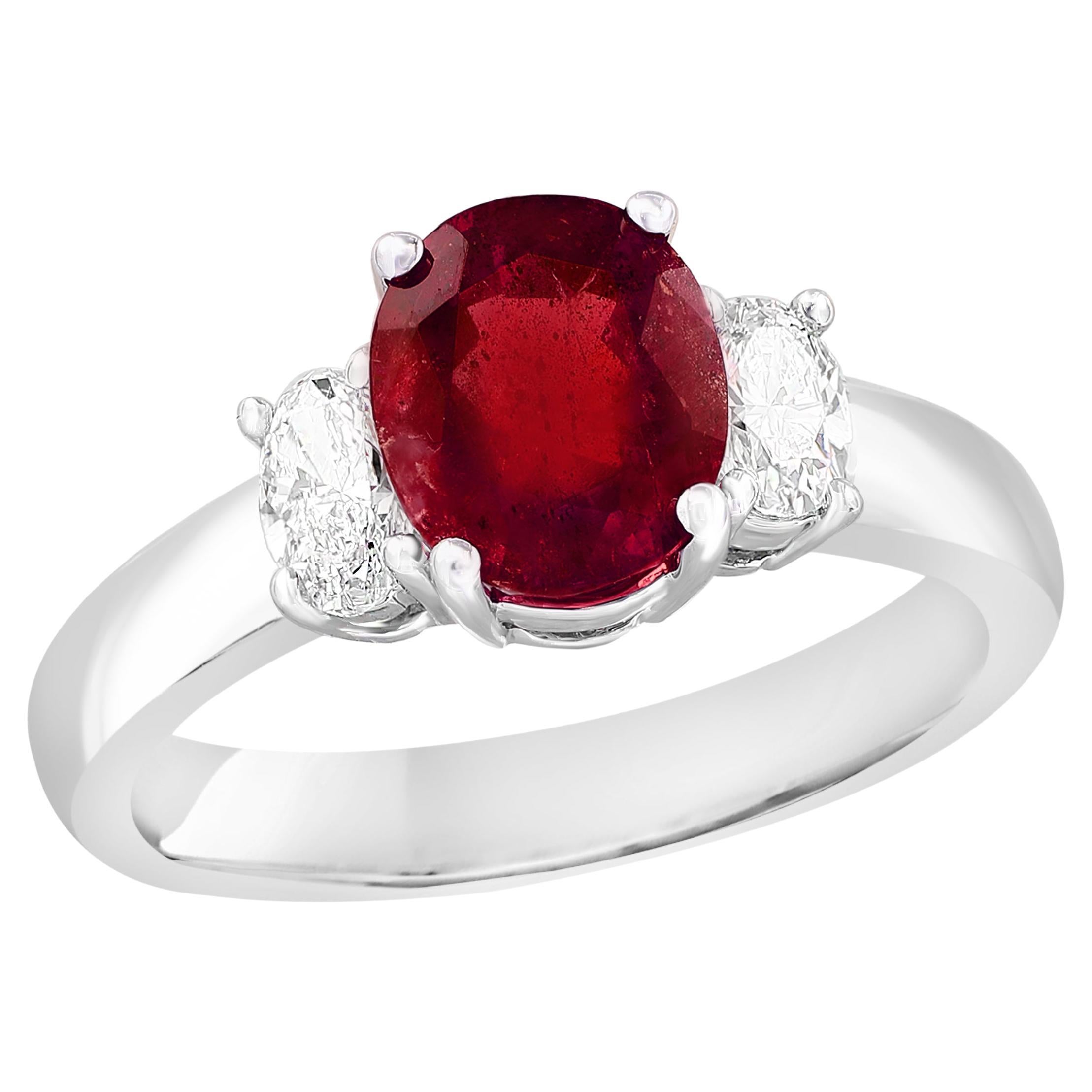 1.15 Carat Oval Cut Ruby & Diamond 3 Stone Engagement Ring in 18k White Gold For Sale