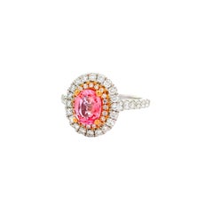 1.15 Carat Padparadscha Sapphire Diamond 18k White Gold Double Halo Ring, GIA