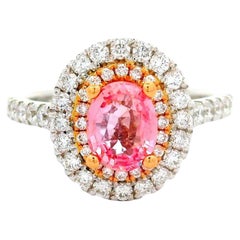1.15 Carat Padparadscha Sapphire Diamond 18k White Gold Double Halo Ring, GIA
