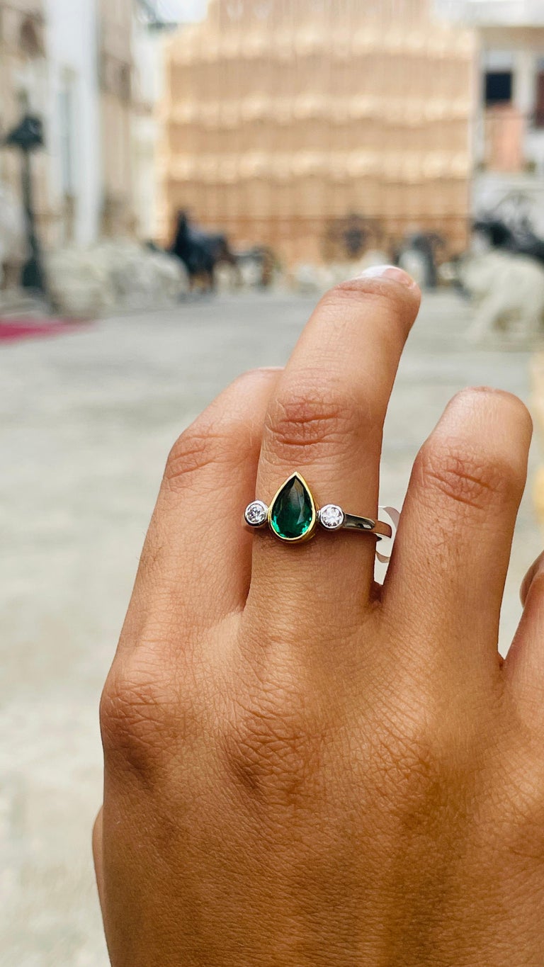 For Sale:  1.15 Carat Pear Shaped Emerald and Diamond Engagement Ring in 18K White Gold  10