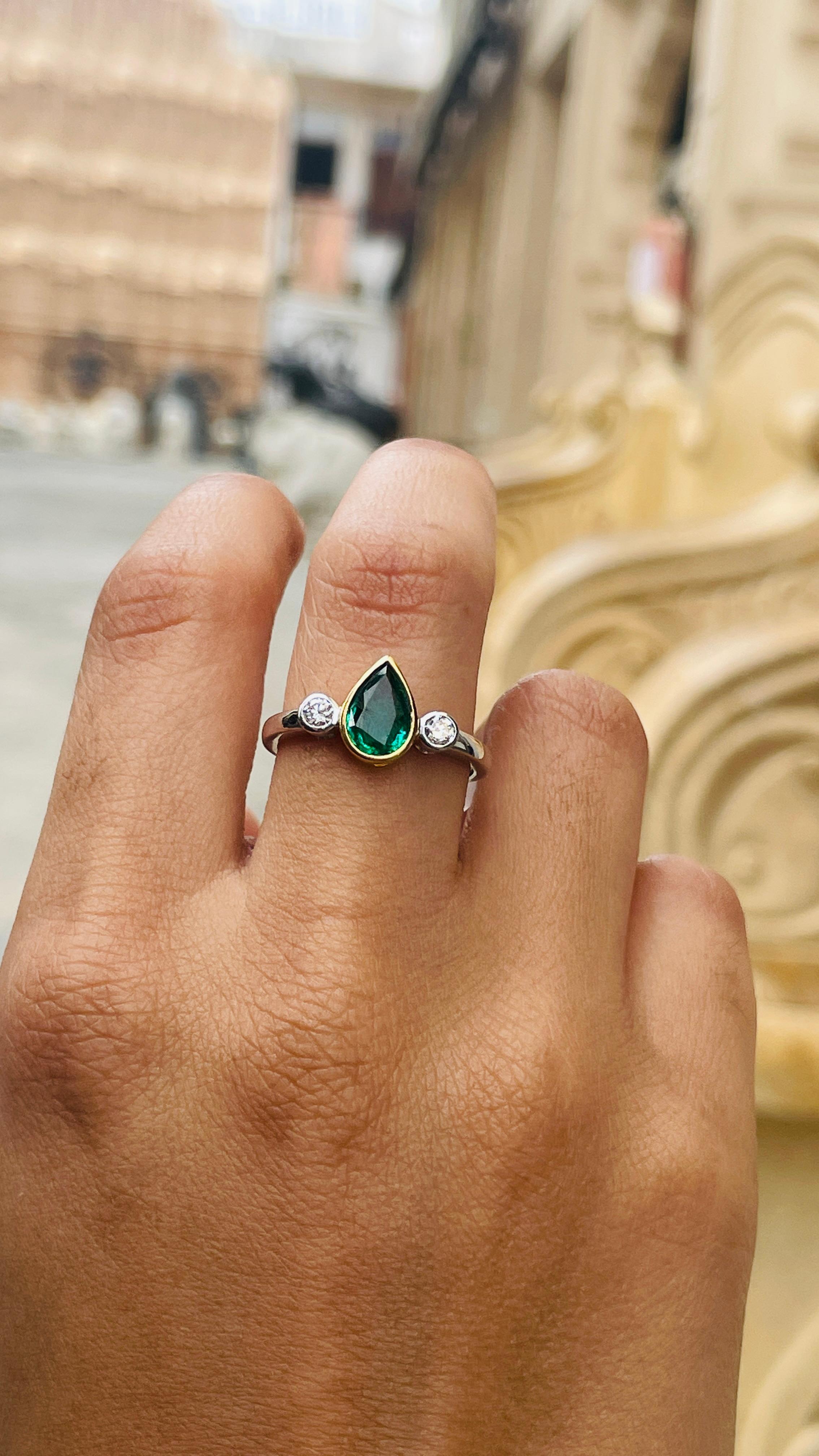 For Sale:  1.15 Carat Pear Shaped Emerald and Diamond Engagement Ring in 18k White Gold  11
