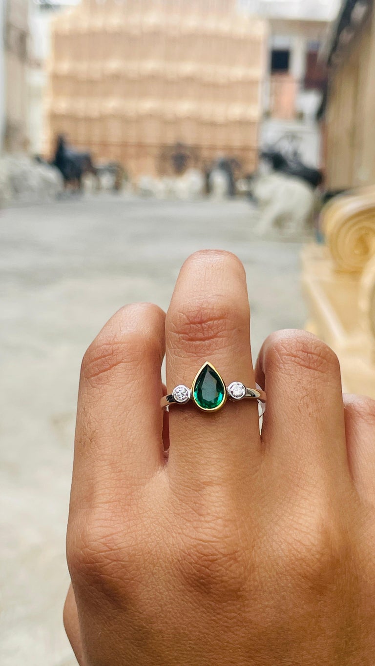 For Sale:  1.15 Carat Pear Shaped Emerald and Diamond Engagement Ring in 18K White Gold  2